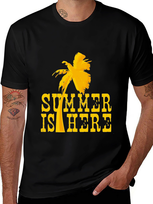 Summer Is Here T-Shirt Tropical Palm Tree Design Black Tee