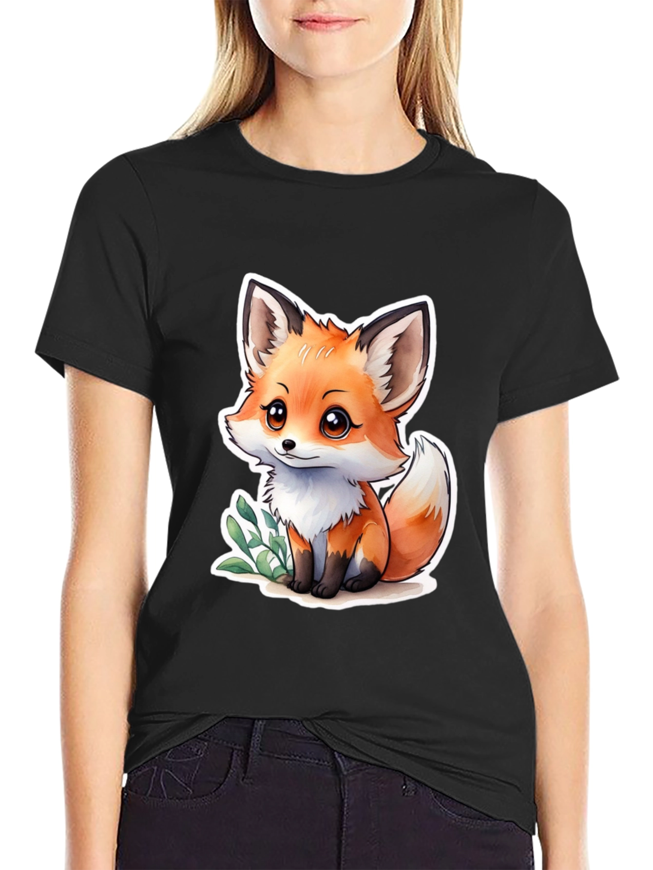 Cute Fox Graphic Black T-Shirt
