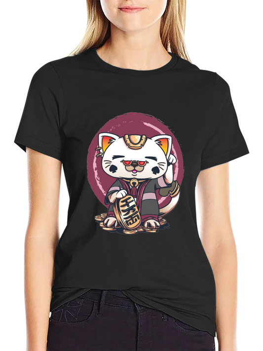 Lucky Cat Graphic Tee - Black Cotton T-Shirt