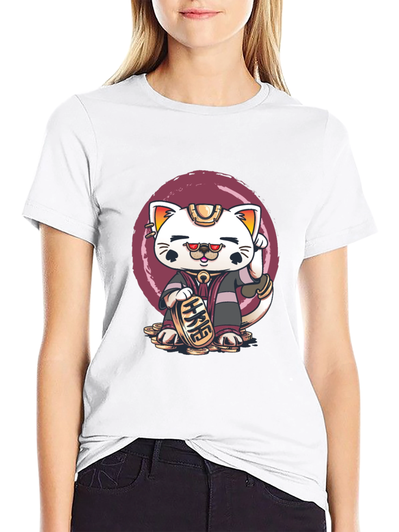Lucky Cat Graphic Tee - Black Cotton T-Shirt