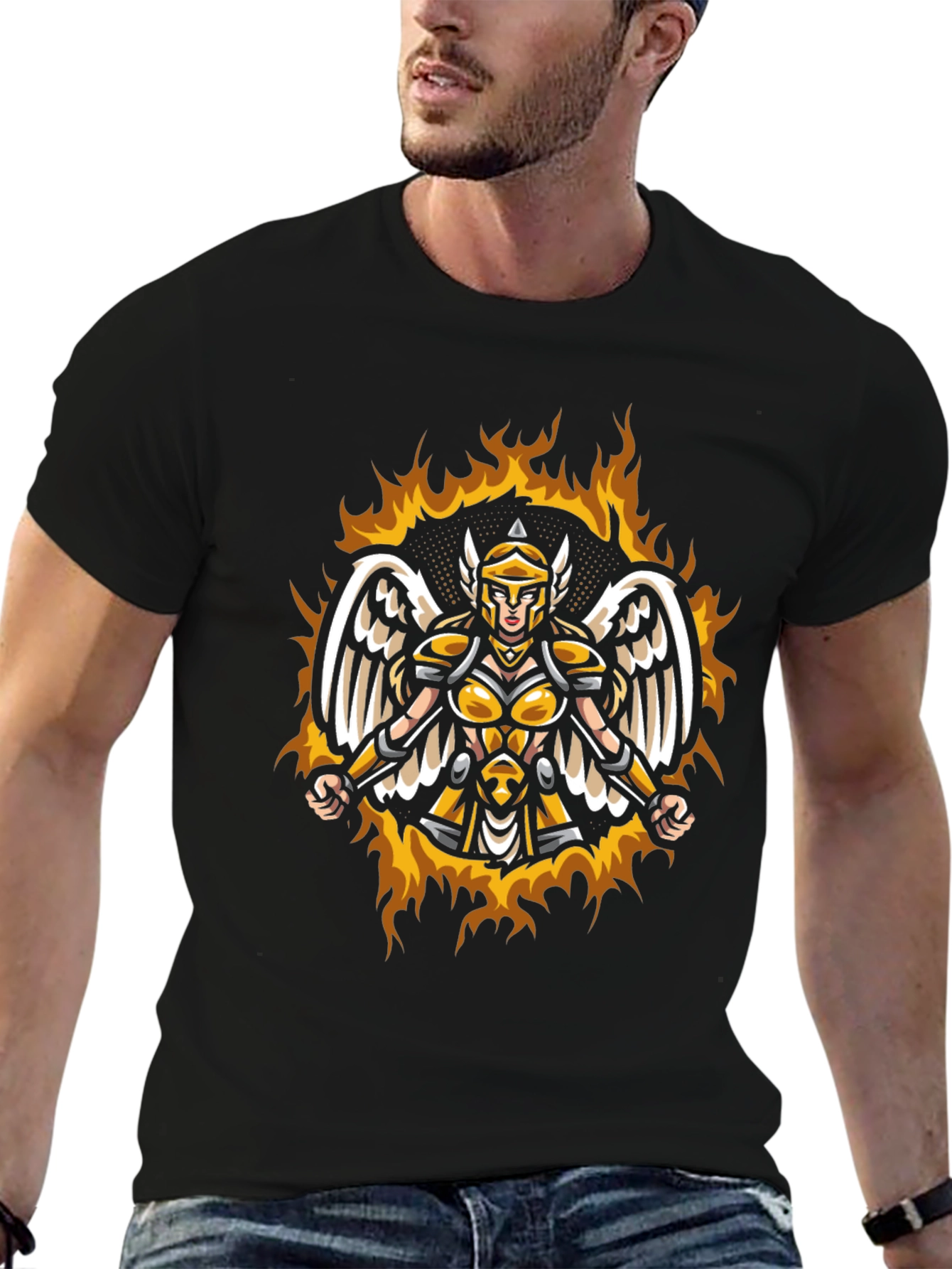 Winged Valkyrie Fire Graphic Black T-Shirt