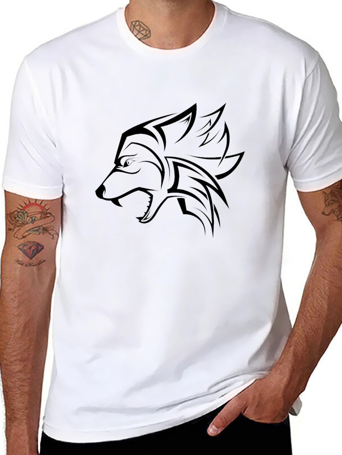 Mens Black T-Shirt with Wolf Design