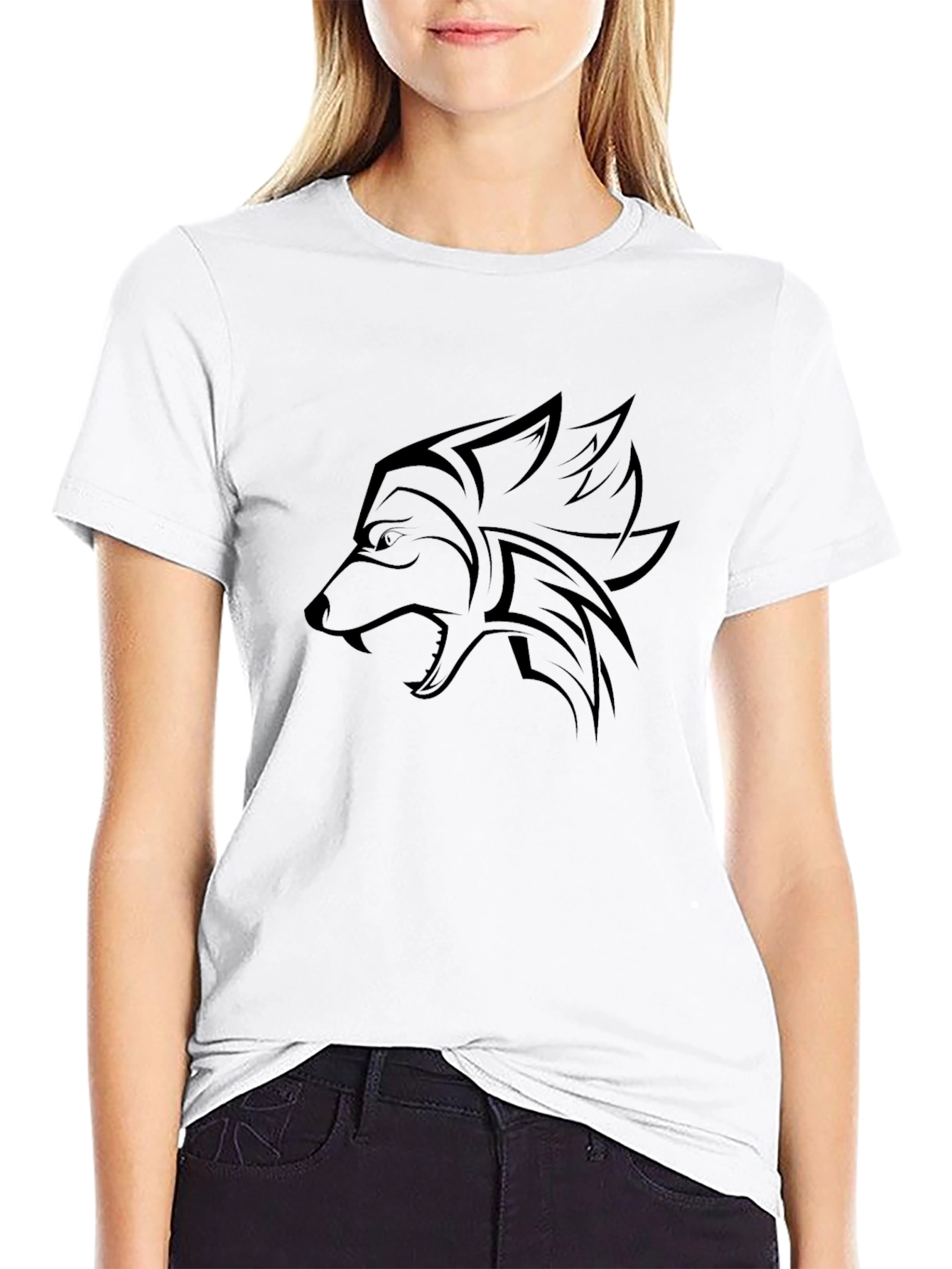 Mens Black T-Shirt with Wolf Design