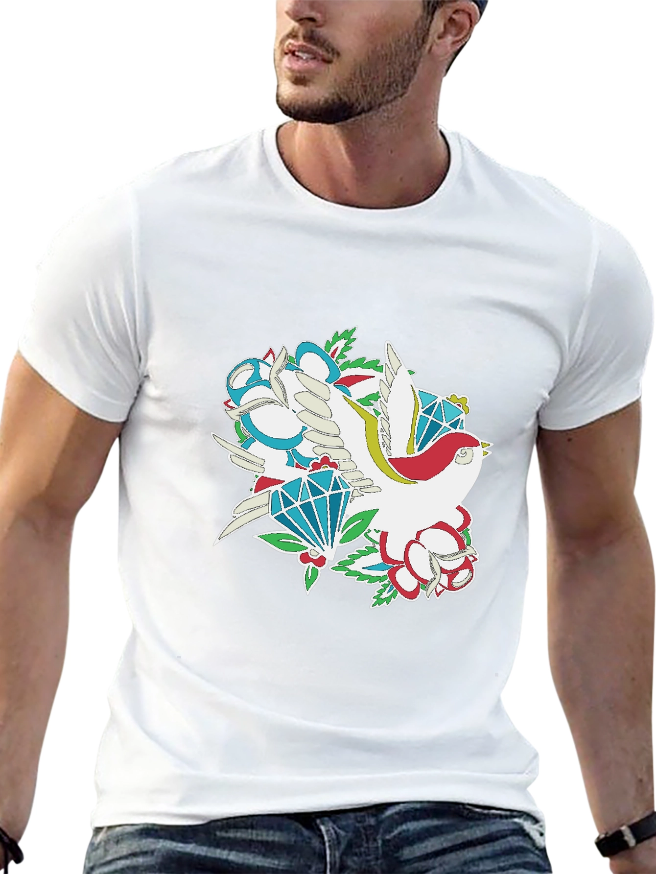 Bird & Diamond Graphic Print Black Tee