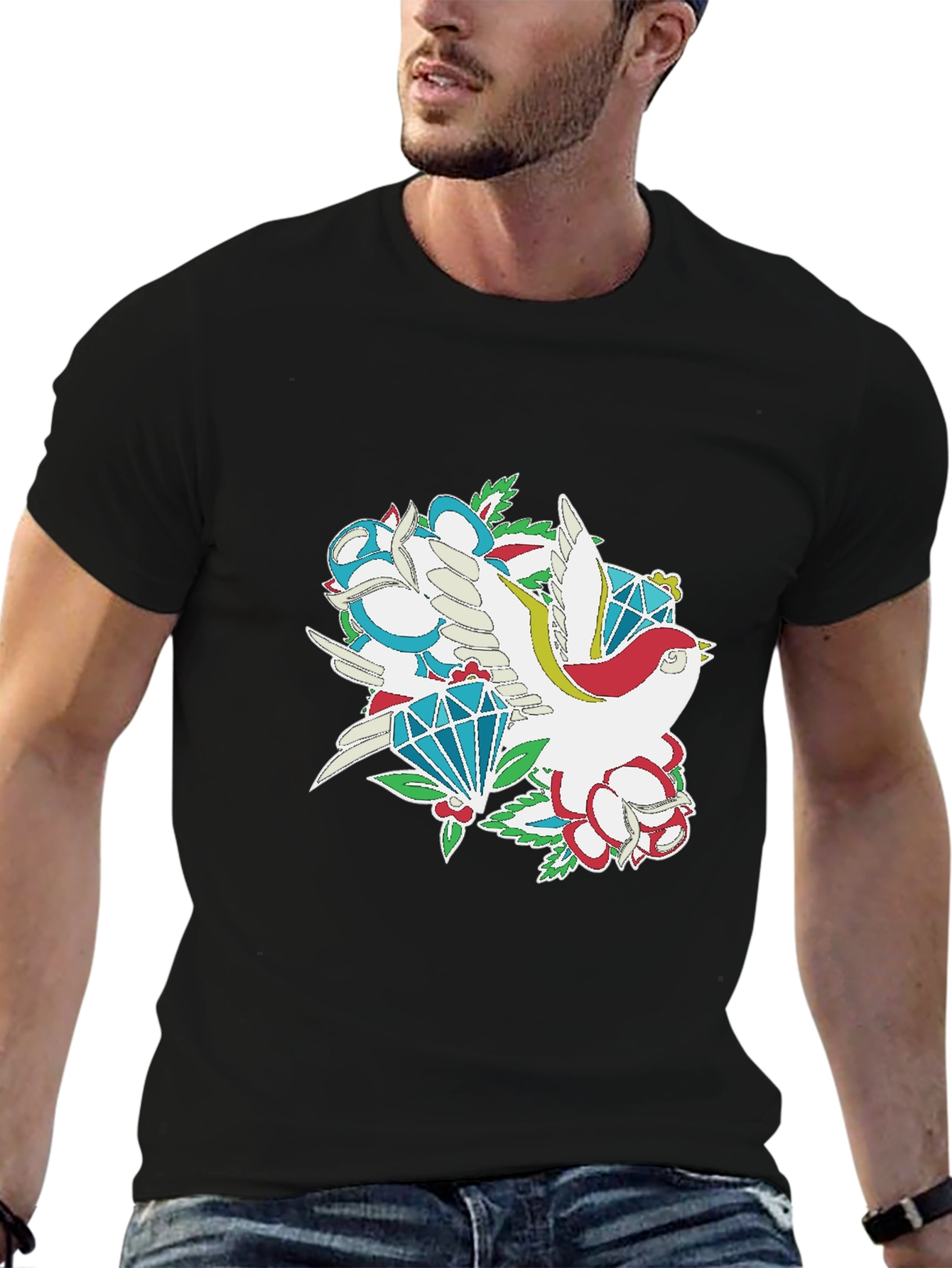 Bird & Diamond Graphic Print Black Tee