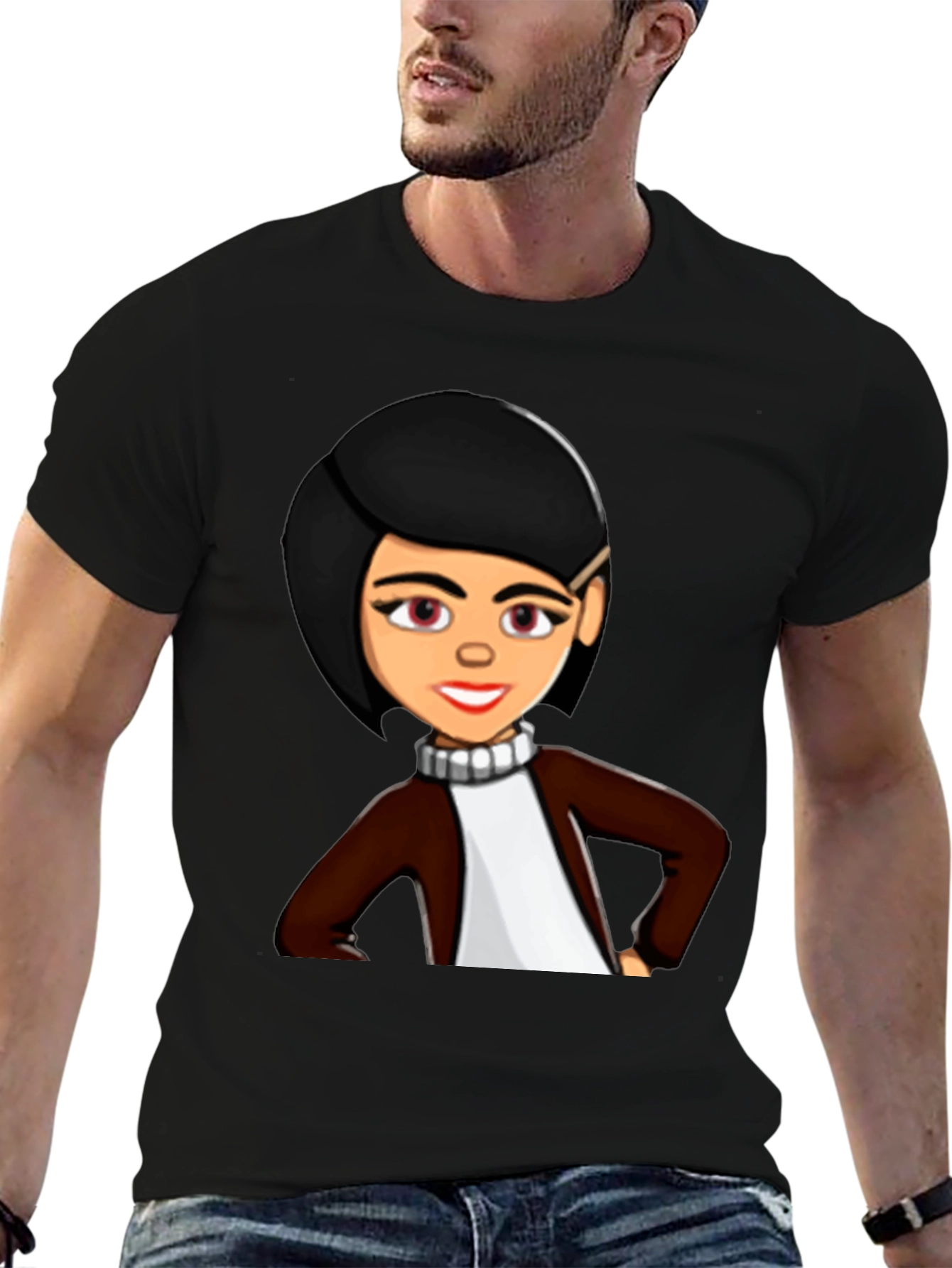 Cartoon Woman Graphic Tee - Trendy Black T-Shirt
