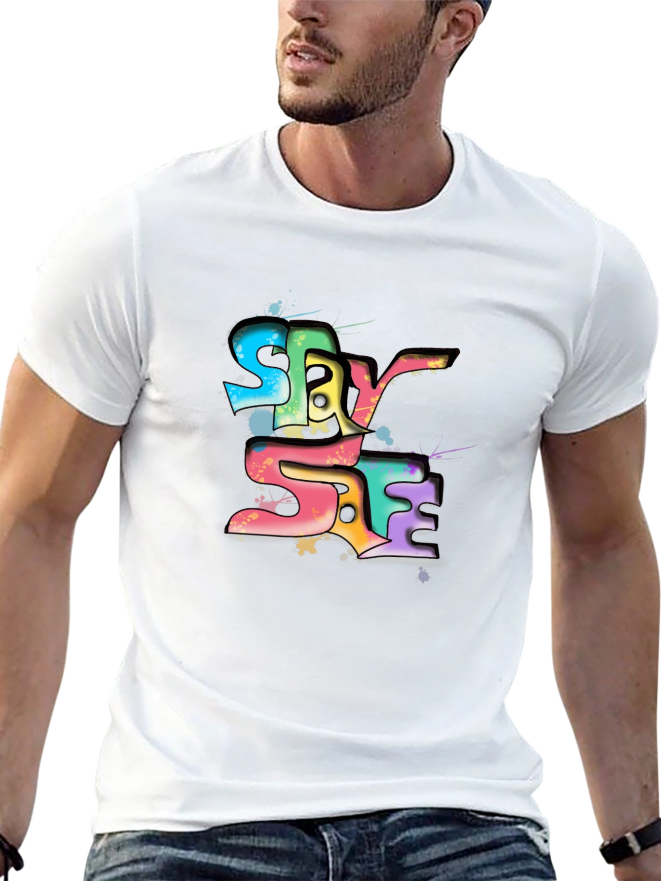Stay Safe Graphic Tee - Black Crew Neck