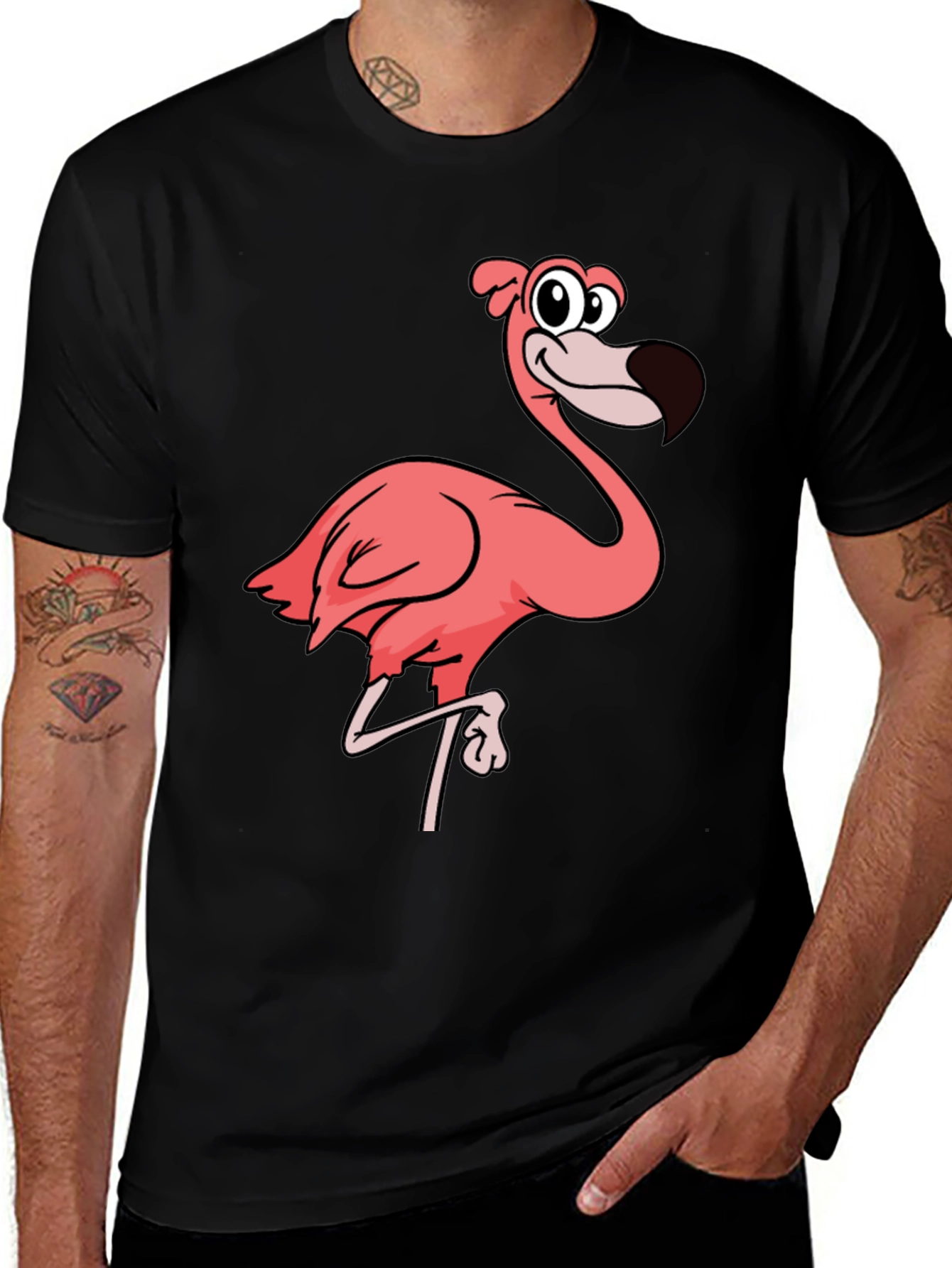 Mens Black T-Shirt with Pink Flamingo Graphic