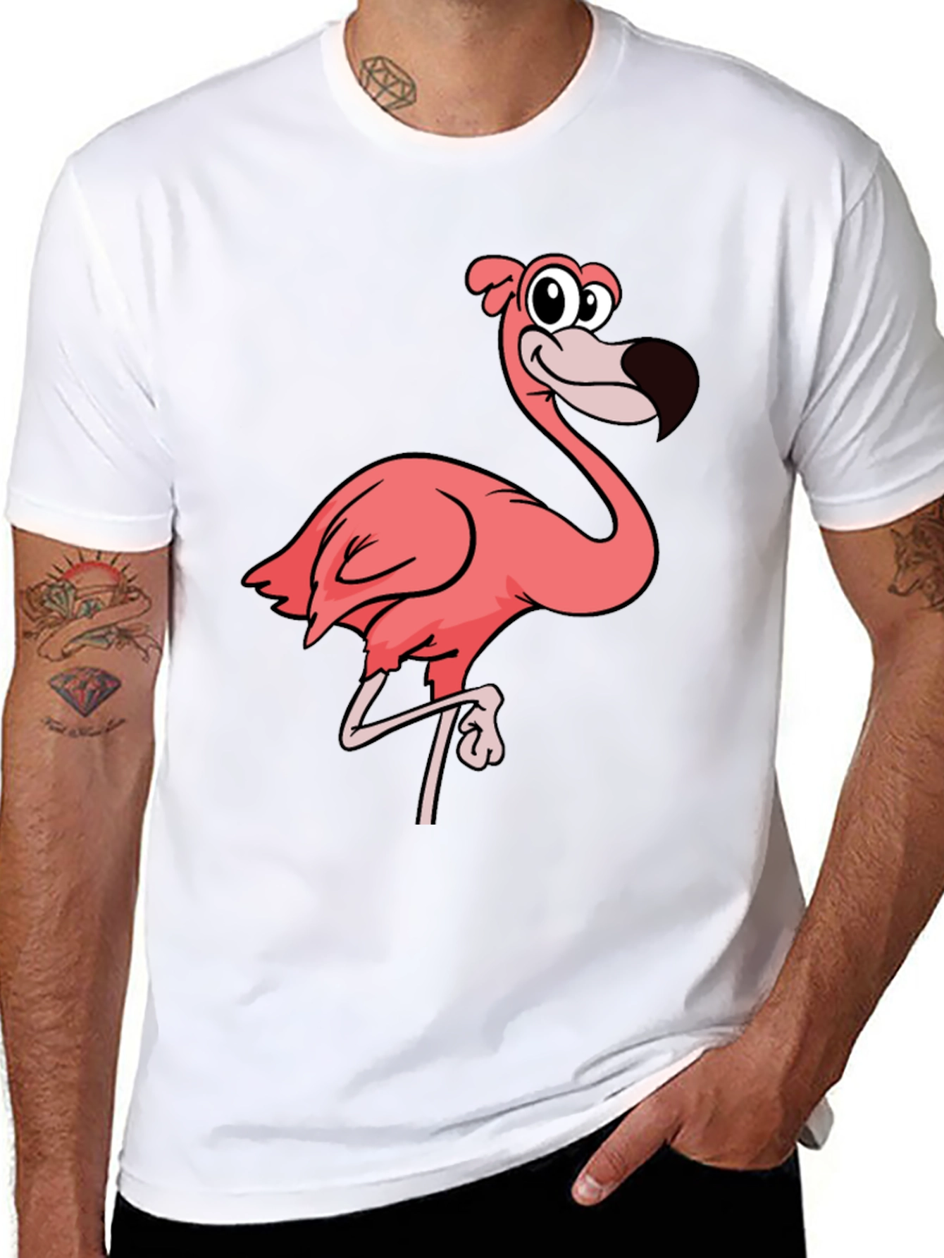 Mens Black T-Shirt with Pink Flamingo Graphic