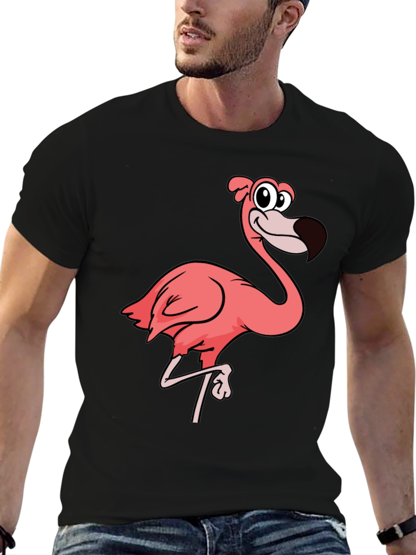 Mens Black T-Shirt with Pink Flamingo Graphic