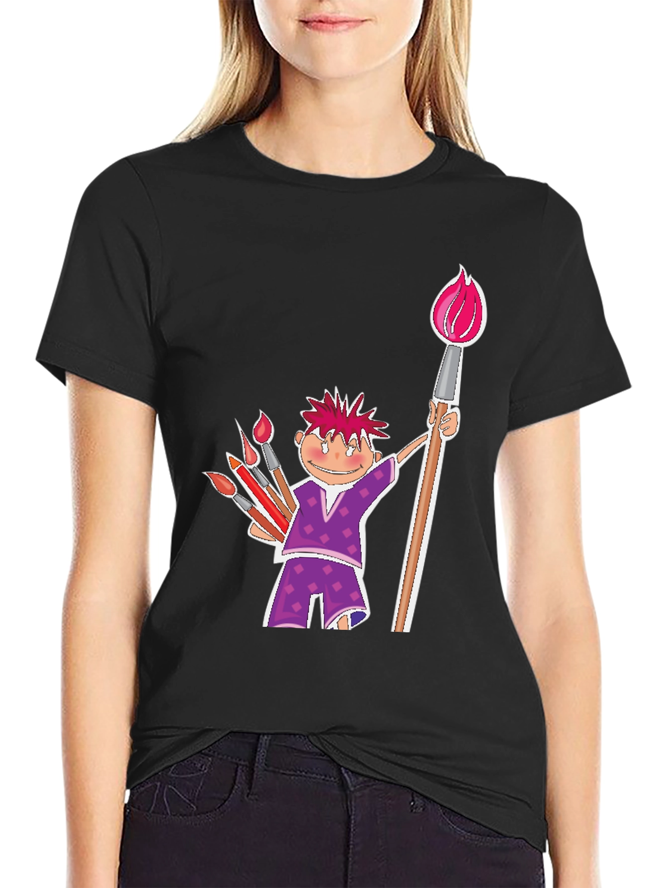 Cartoon Artist Black Cotton T-Shirt