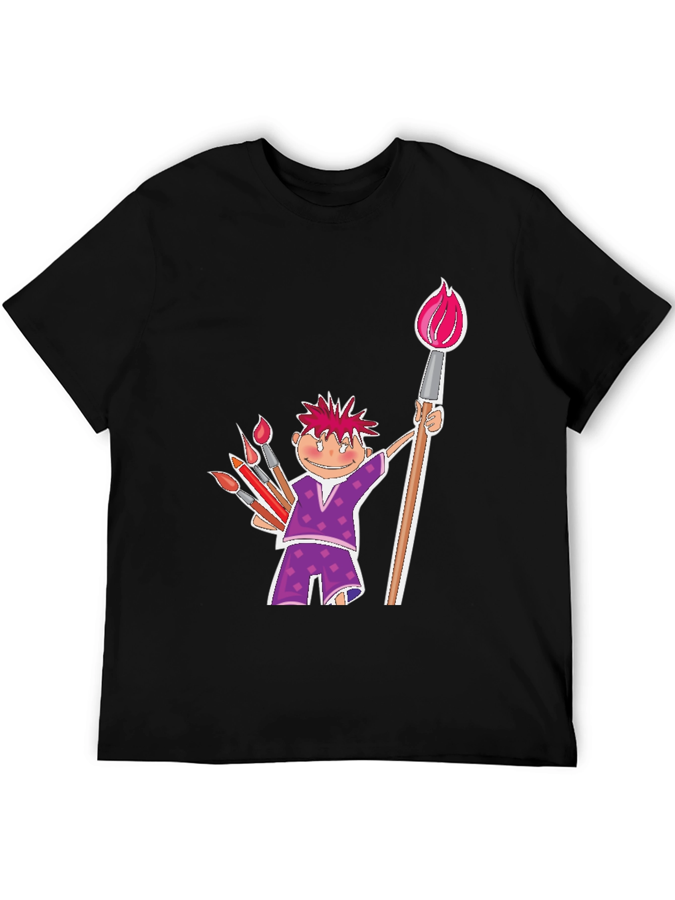 Cartoon Artist Black Cotton T-Shirt