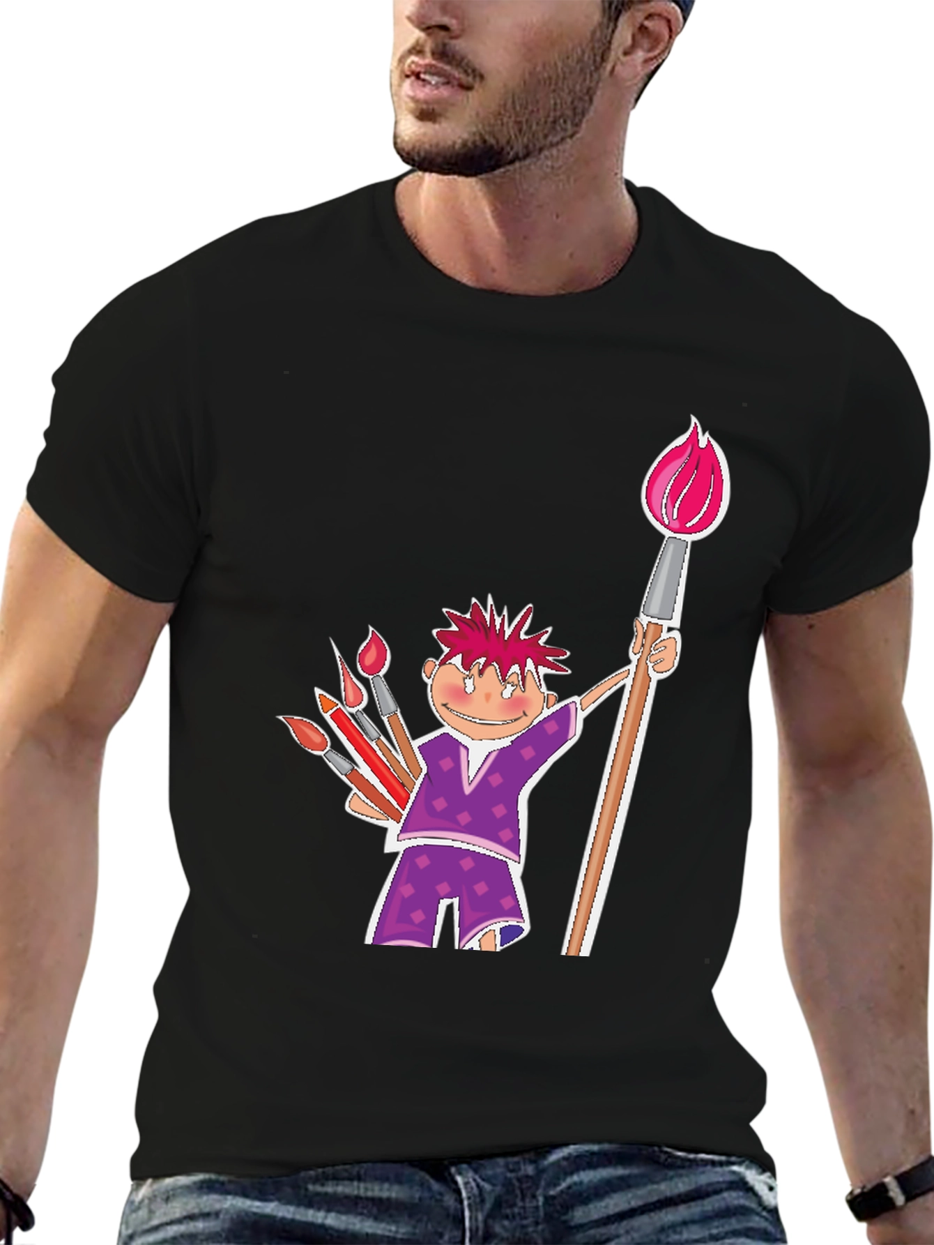 Cartoon Artist Black Cotton T-Shirt