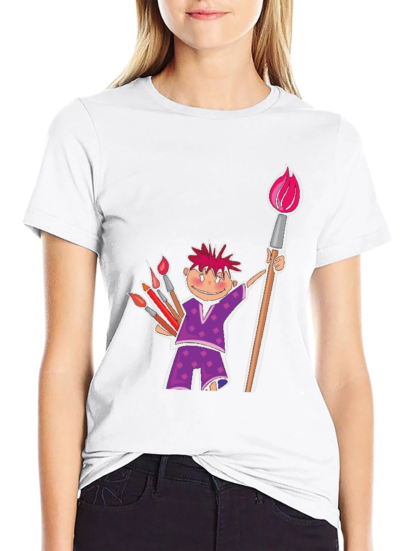 Cartoon Artist Black Cotton T-Shirt
