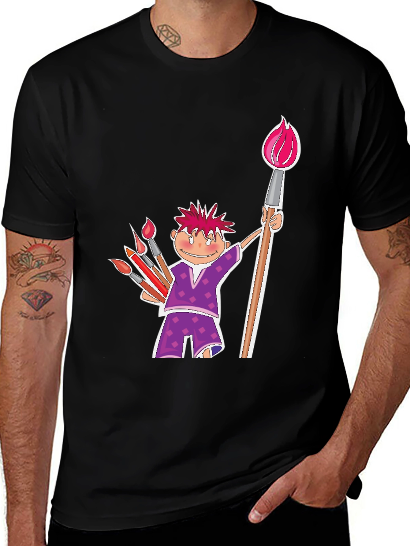 Cartoon Artist Black Cotton T-Shirt
