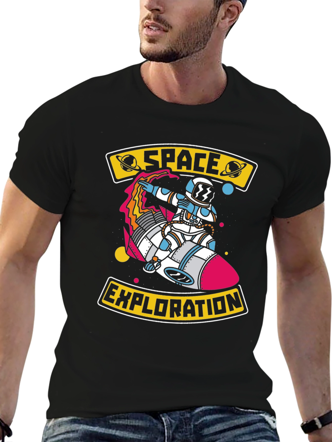 Space Exploration Graphic T-Shirt - Astronaut on Rocket