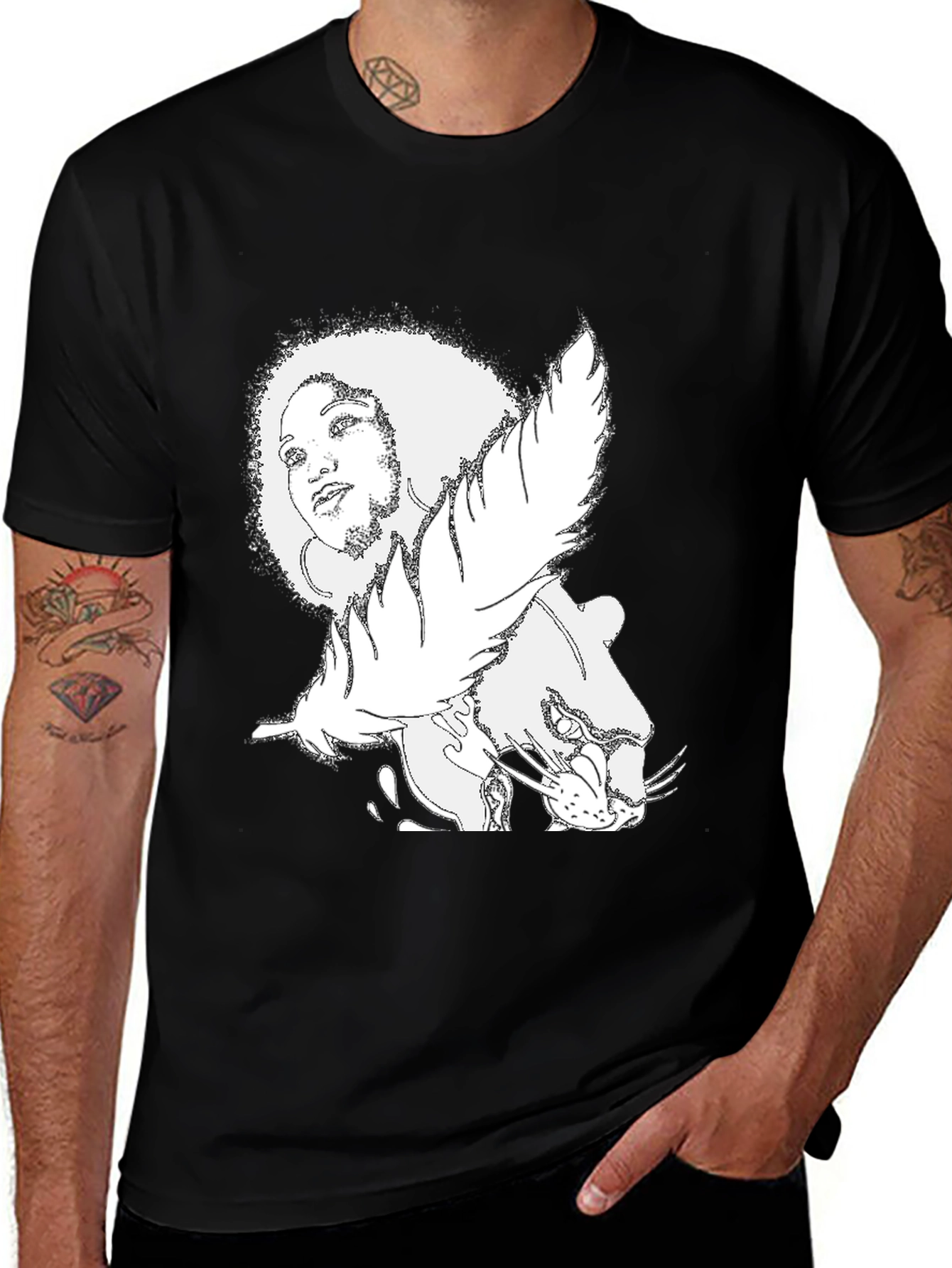 Afro Woman & Panther Graphic Tee - Black