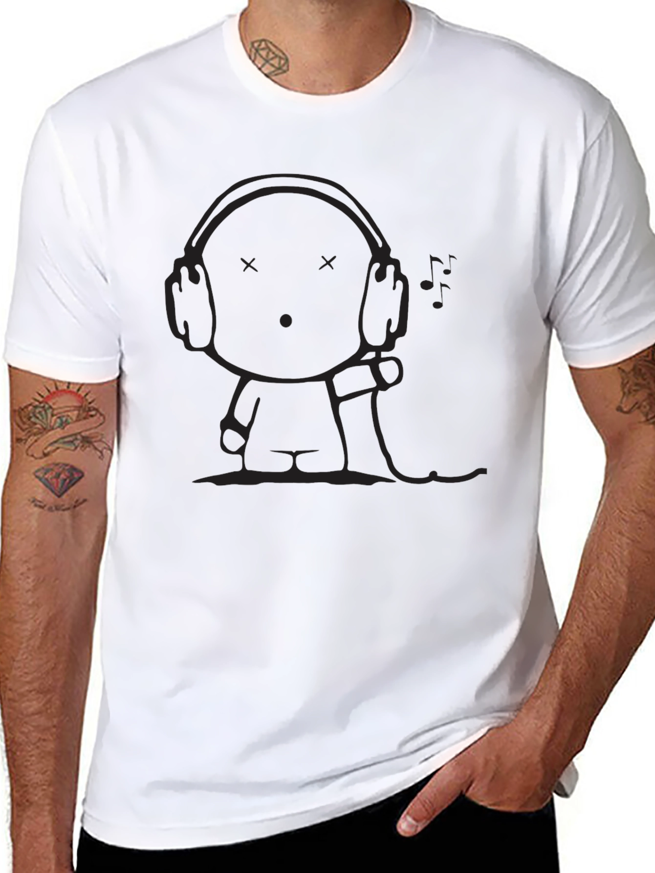 Mens Black T-Shirt - Cartoon Headphone Graphic