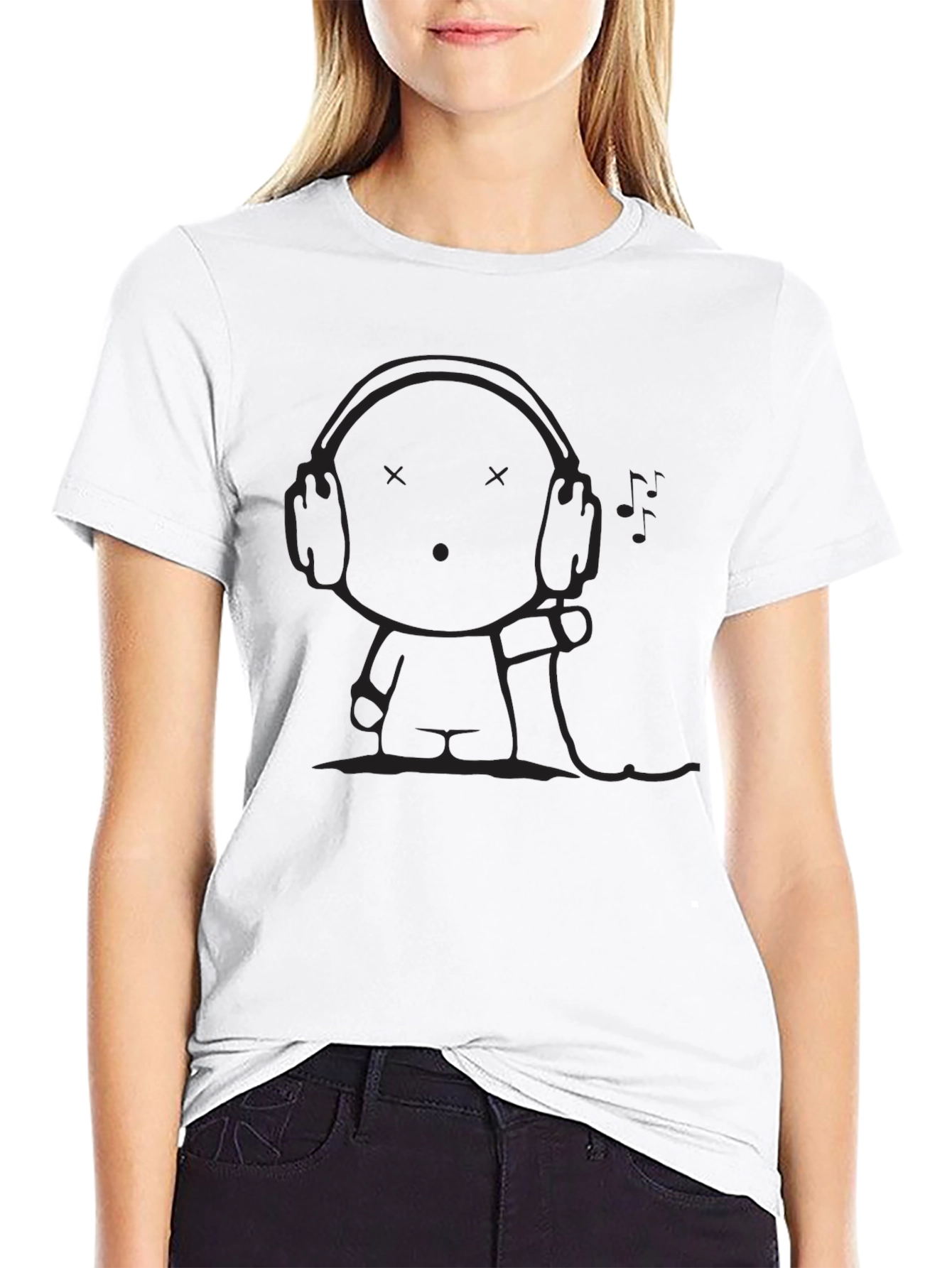 Mens Black T-Shirt - Cartoon Headphone Graphic