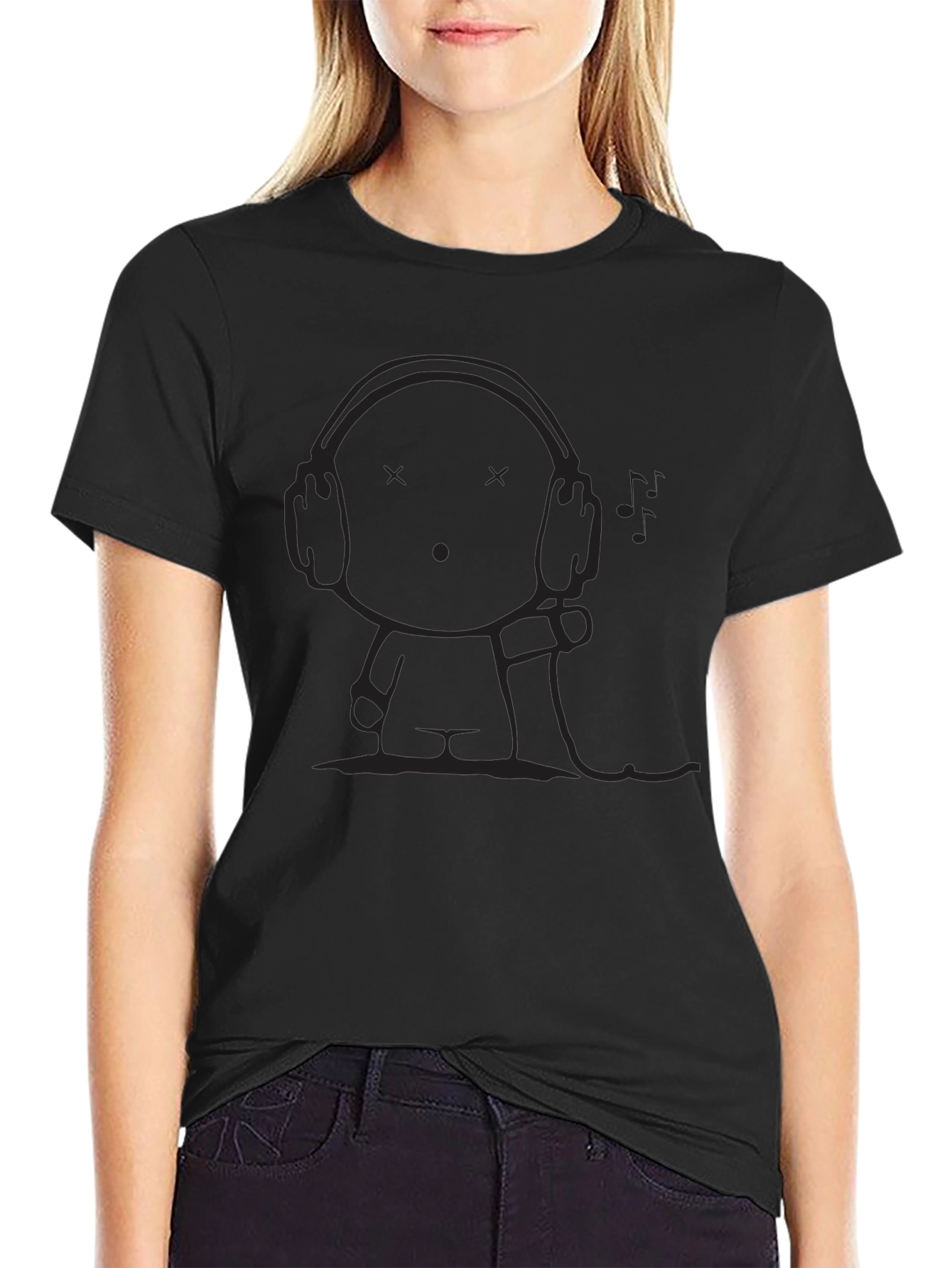 Mens Black T-Shirt - Cartoon Headphone Graphic