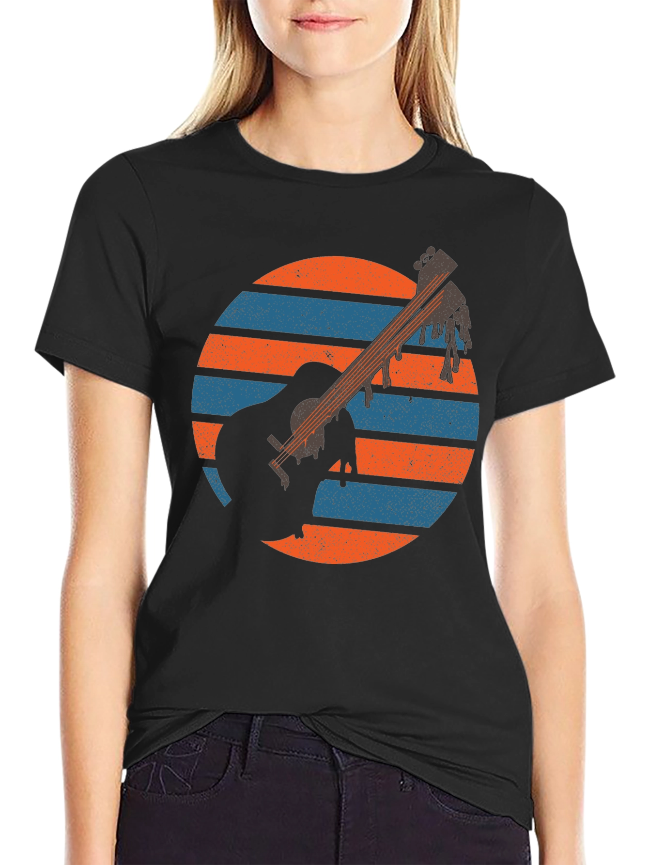 Retro Guitar Sunset Graphic Tee - Musicians Black T-Shirt