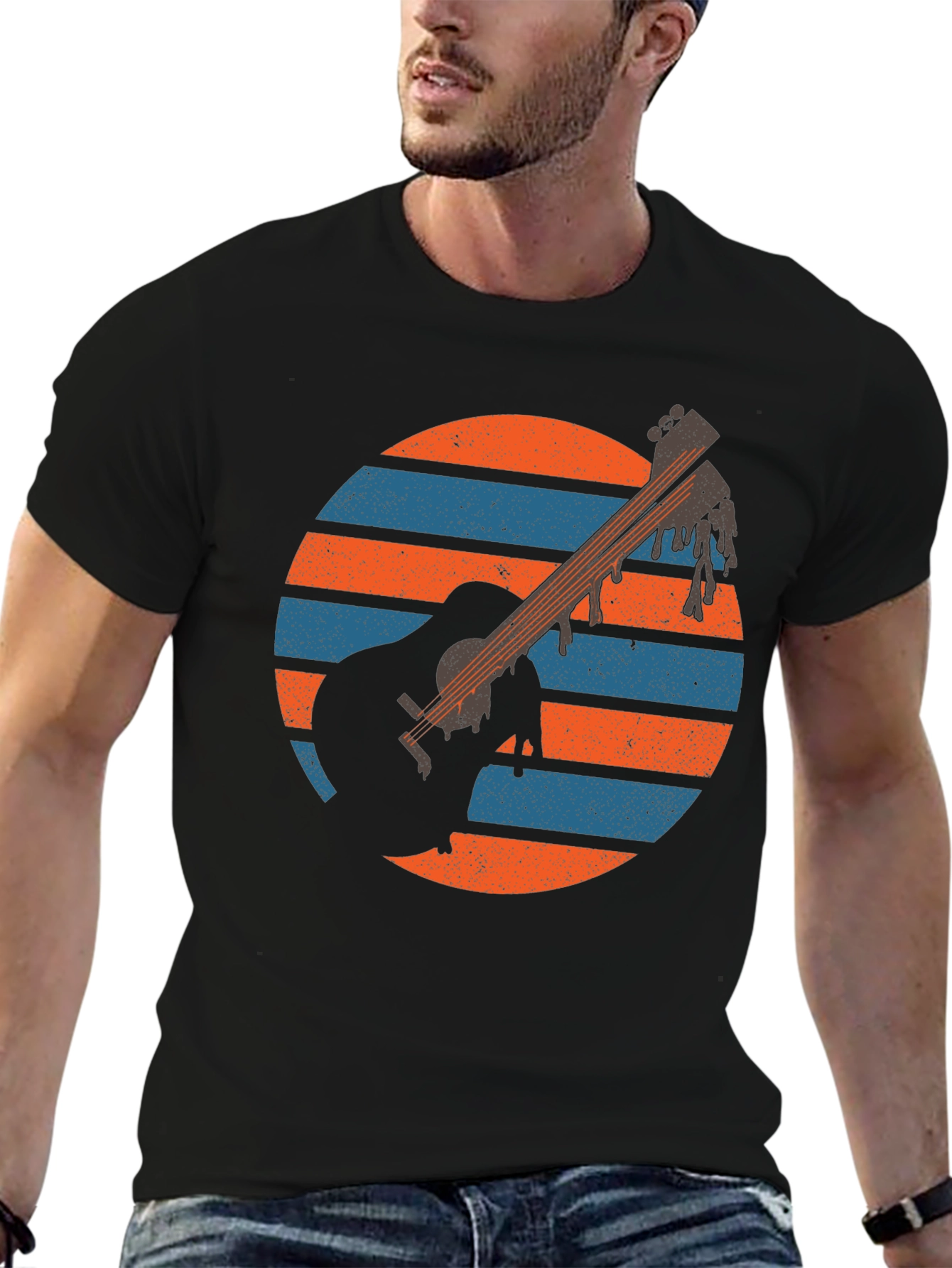 Retro Guitar Sunset Graphic Tee - Musicians Black T-Shirt