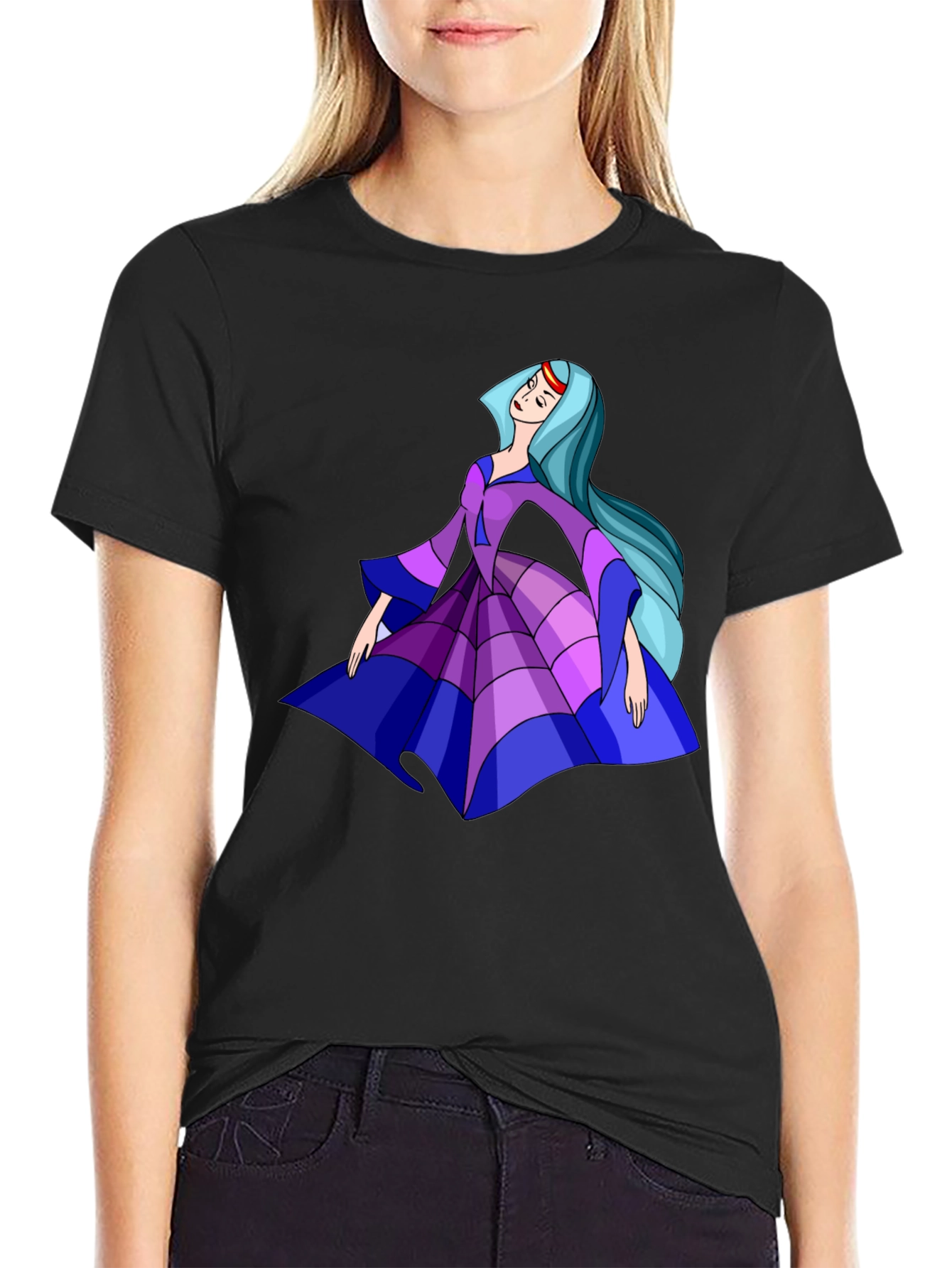 Cartoon Princess Graphic Tee - Black Cotton Casual Shirt