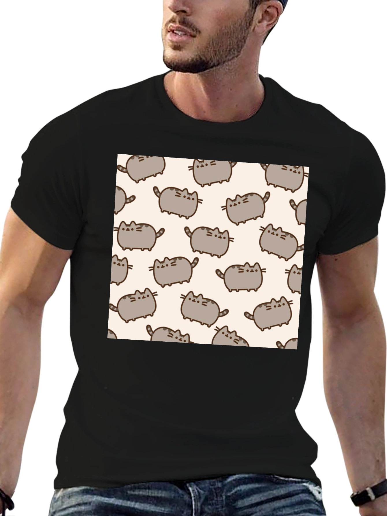 Pusheen Cat Pattern T-Shirt - Black