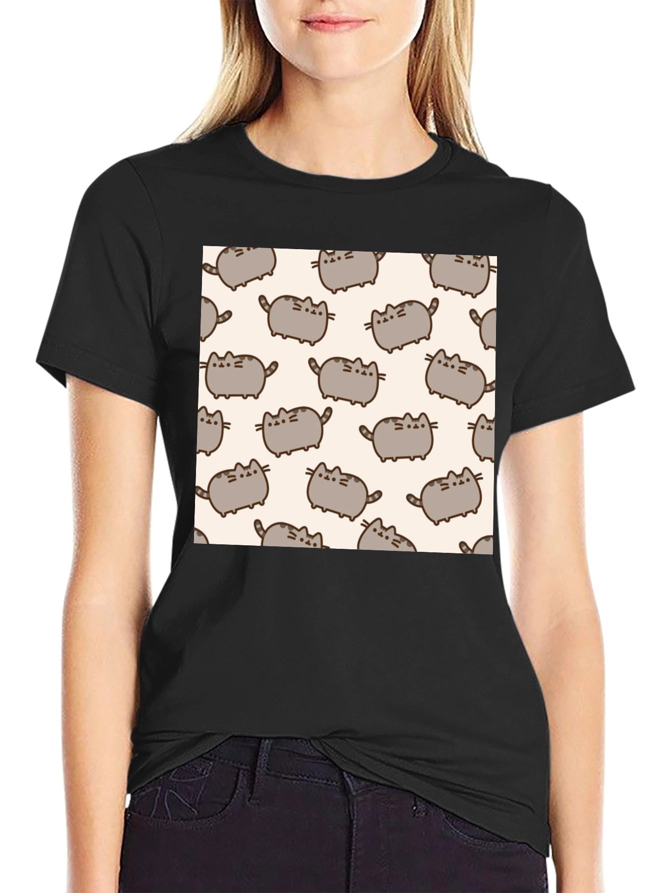 Pusheen Cat Pattern T-Shirt - Black