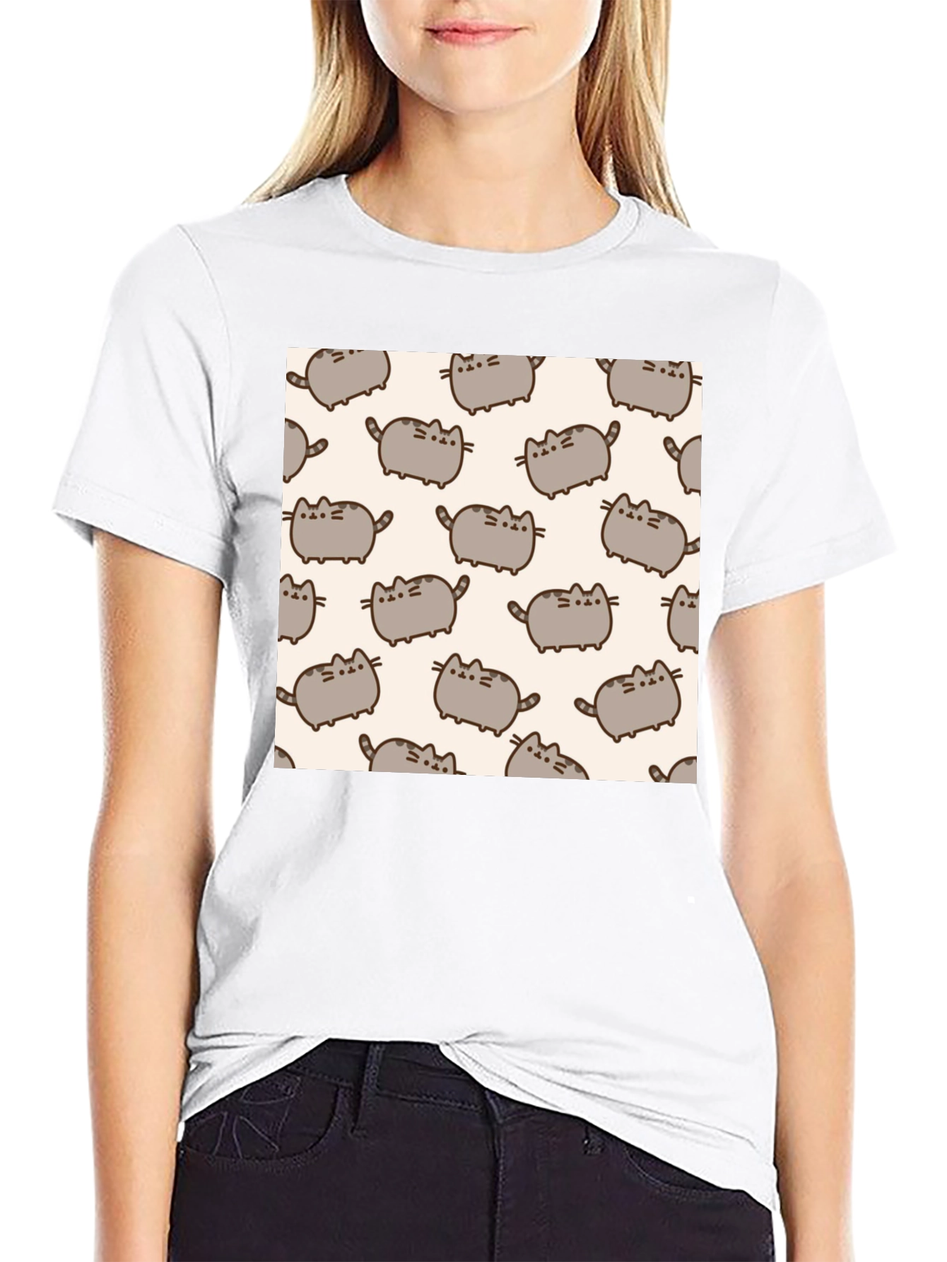 Pusheen Cat Pattern T-Shirt - Black