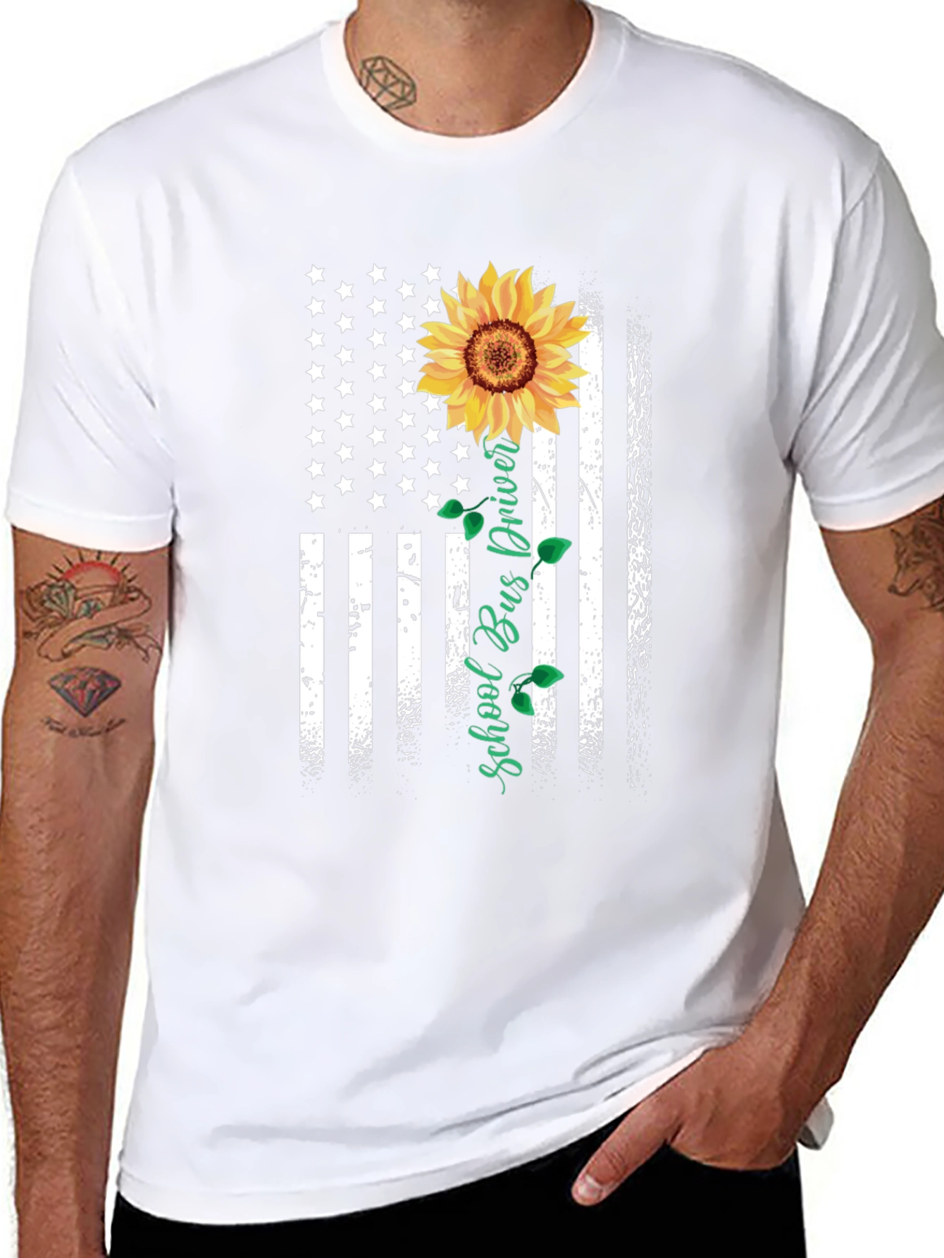 Sunflower American Flag School Bus Driver T-Shirt