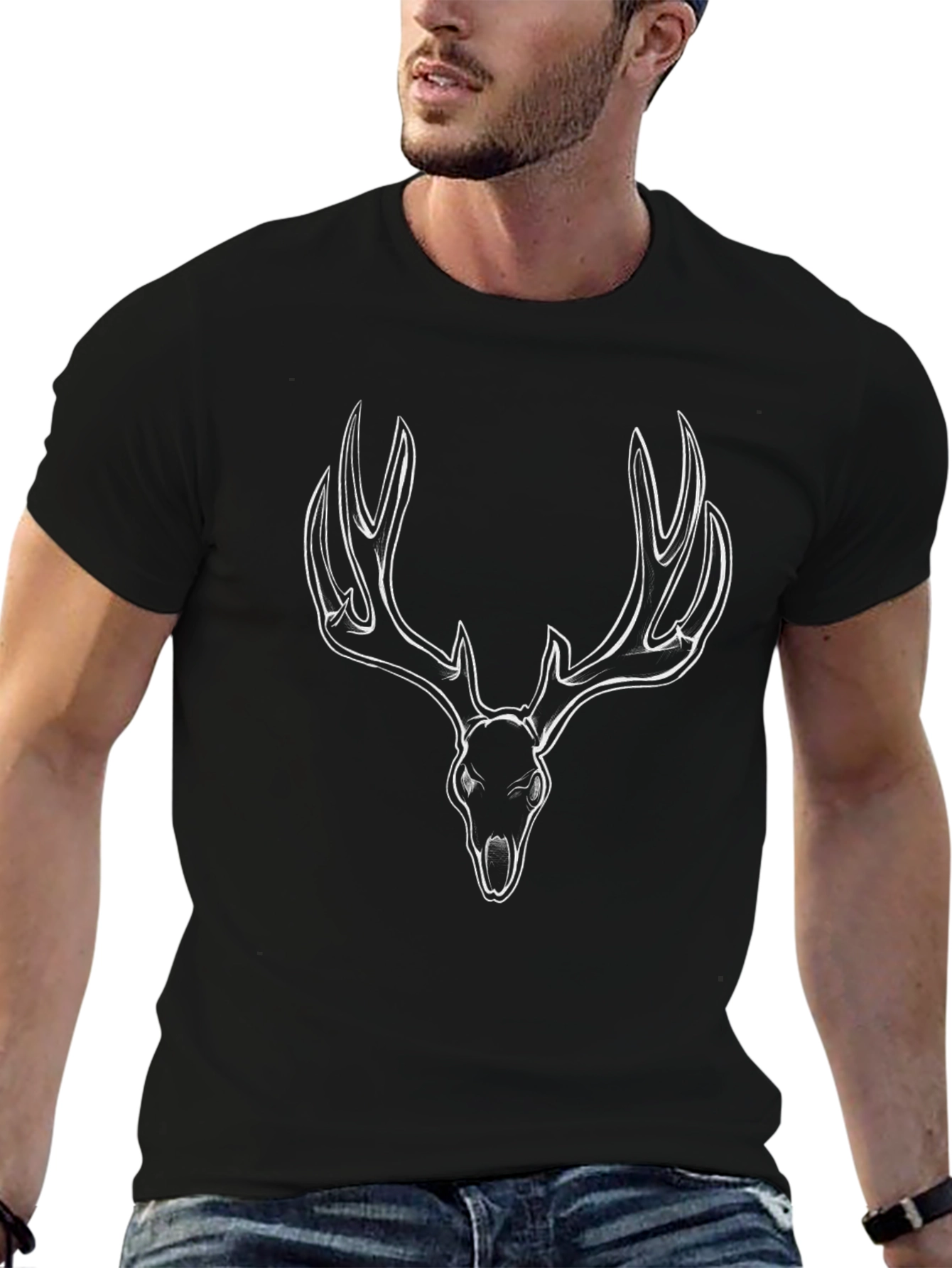 Black T-Shirt with Deer Skull Design