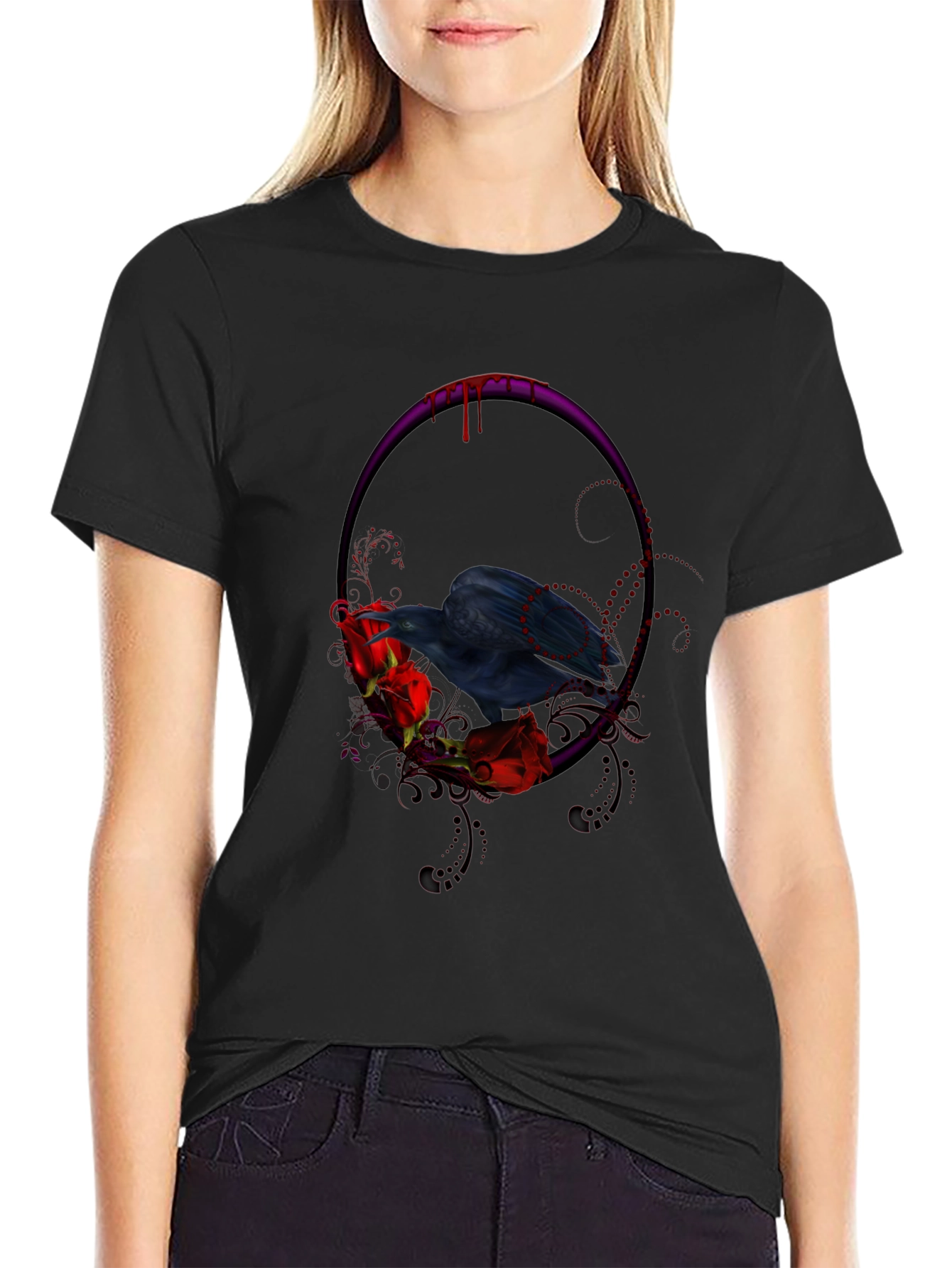 Gothic Raven & Roses Graphic Tee - Black