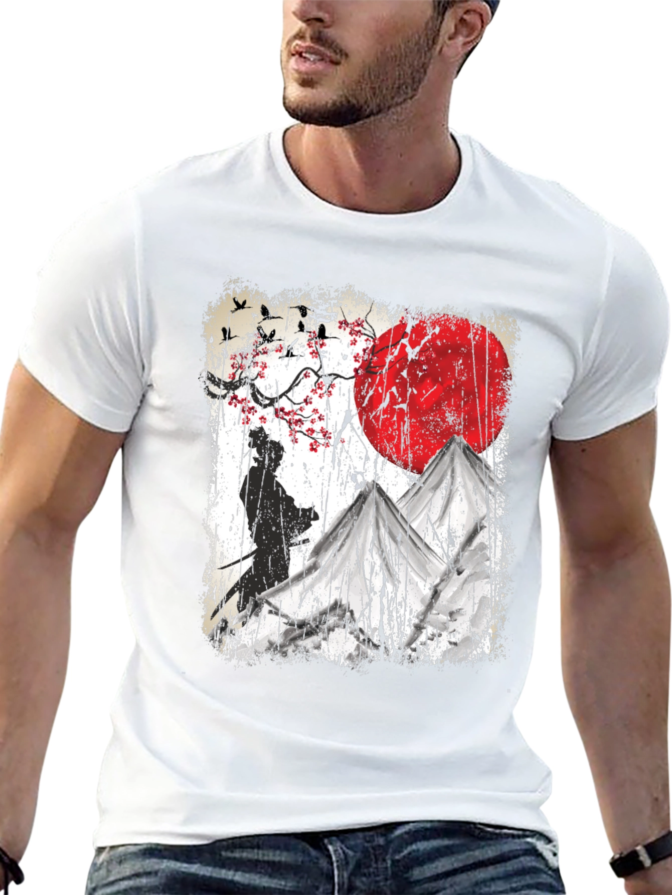 Samurai Moon Graphic Tee - Soft Cotton Blend T-Shirt