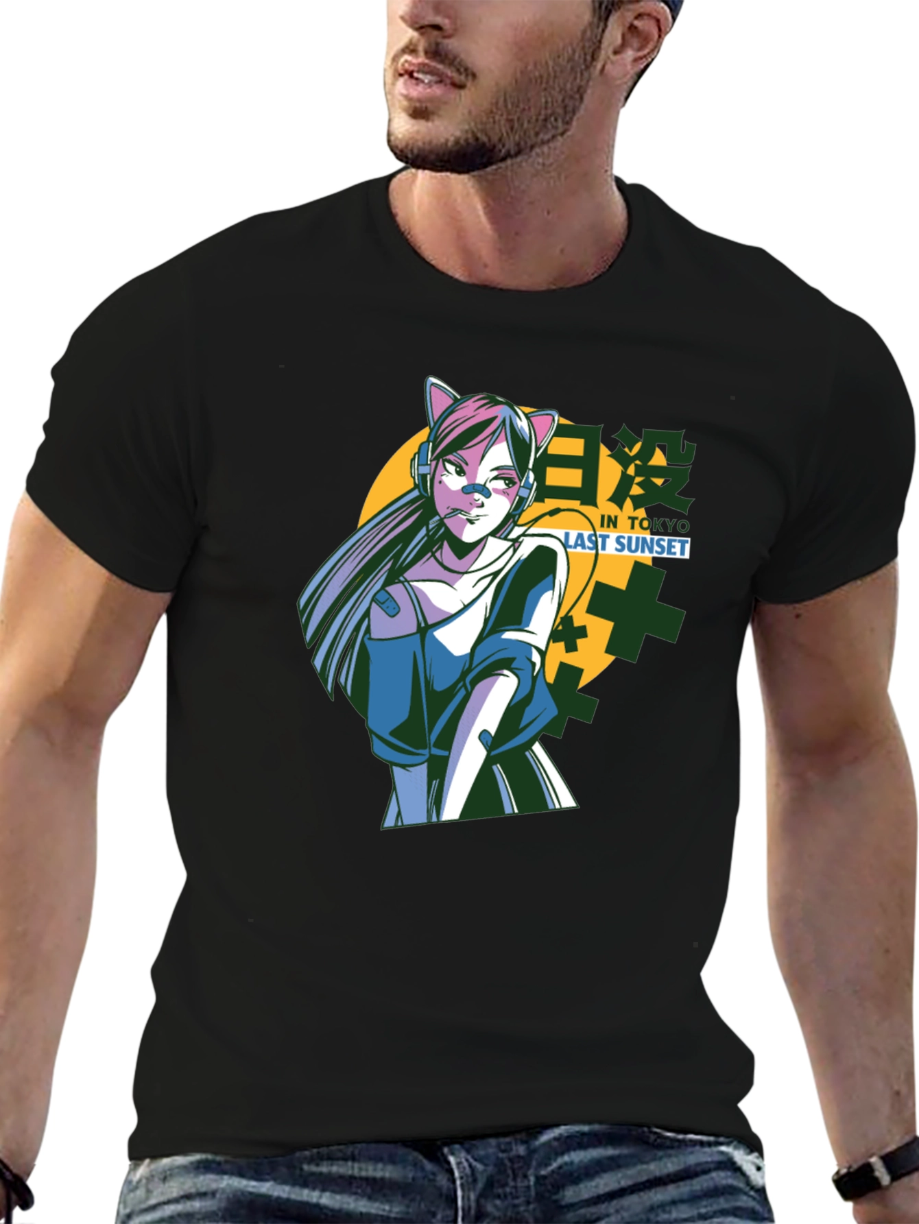 Anime Cat Girl T-Shirt - Tokyo Sunset Design