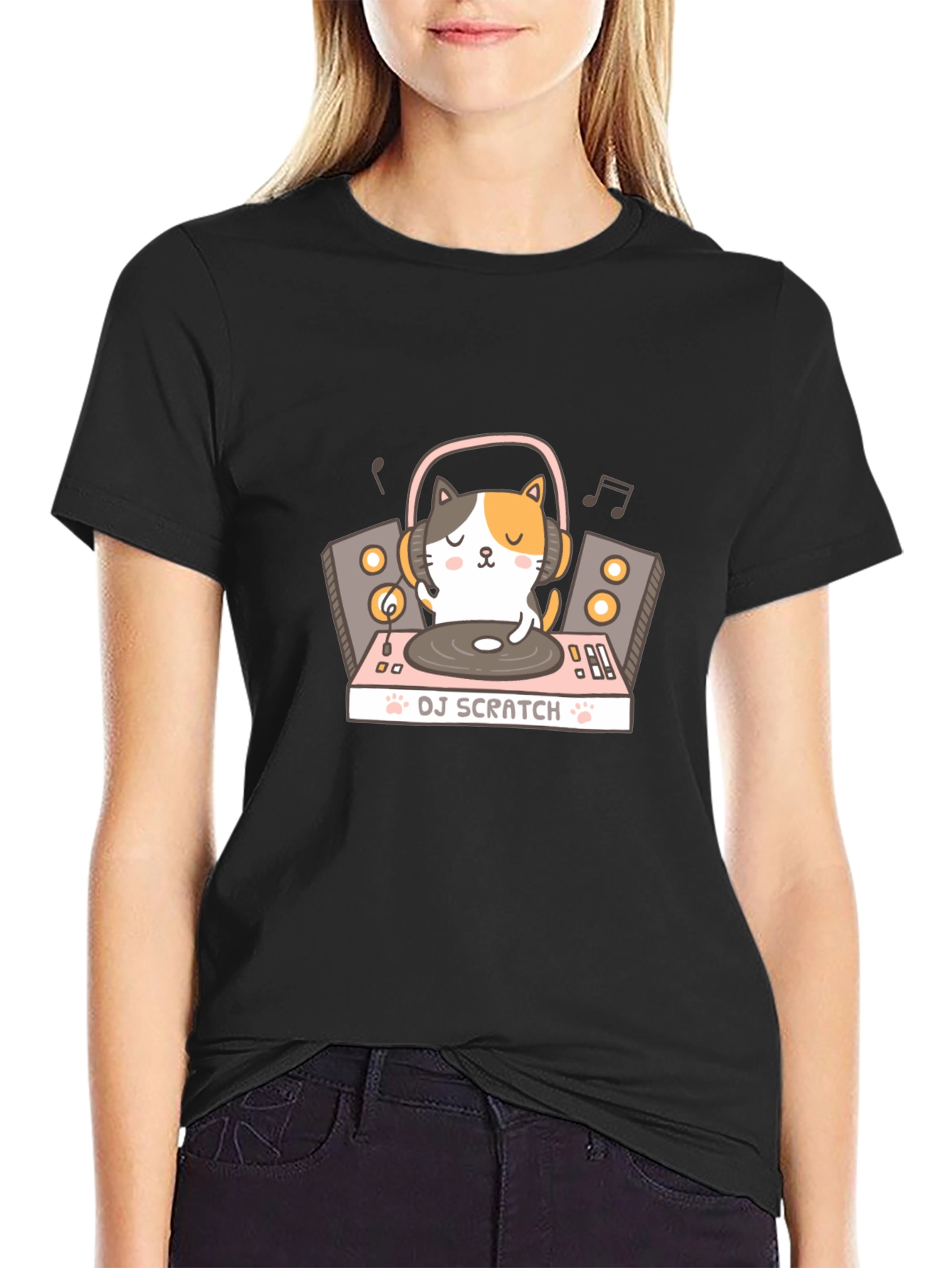 DJ Cat Scratch T-Shirt - Black Cotton Tee