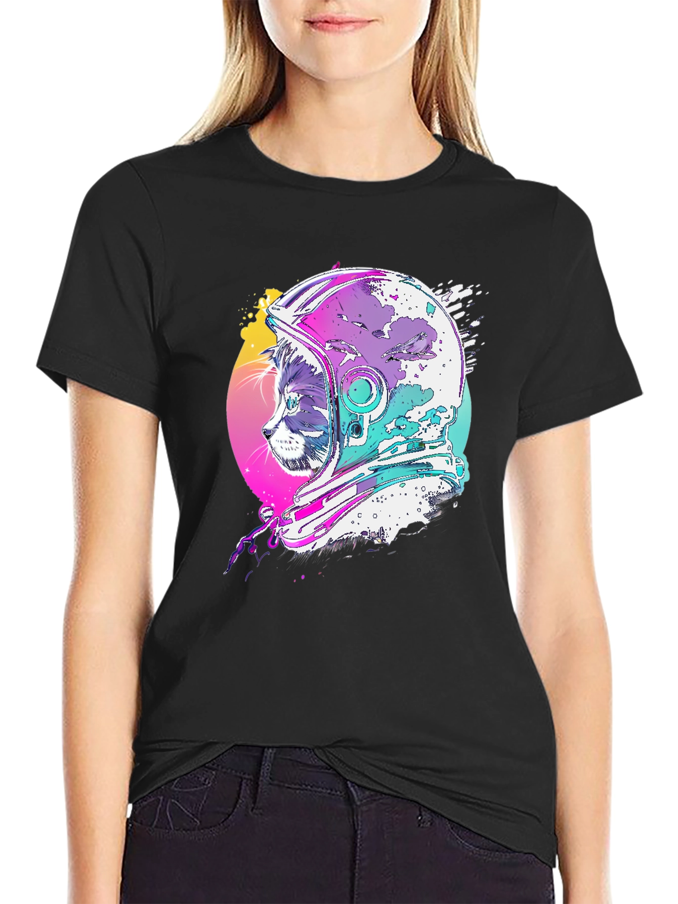 Cat Astronaut Graphic Tee - Black Cotton Blend