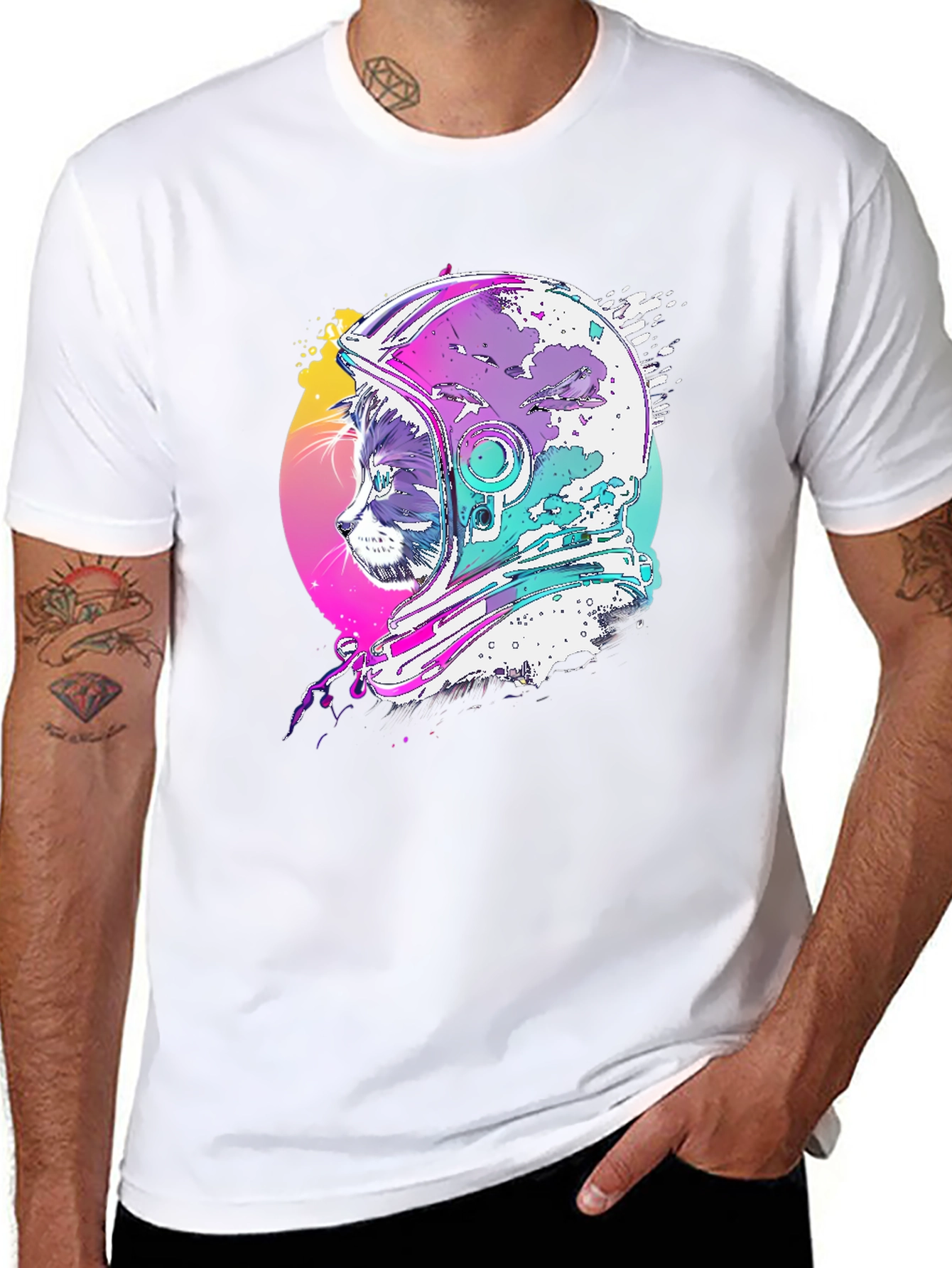Cat Astronaut Graphic Tee - Black Cotton Blend