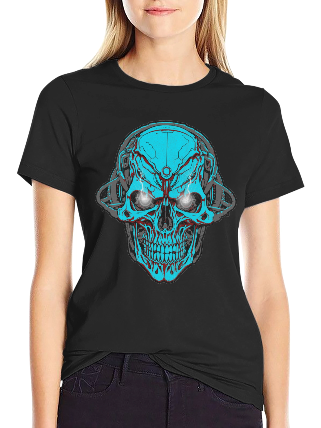 Cyberpunk Skull Graphic Tee - Black Cotton T-Shirt
