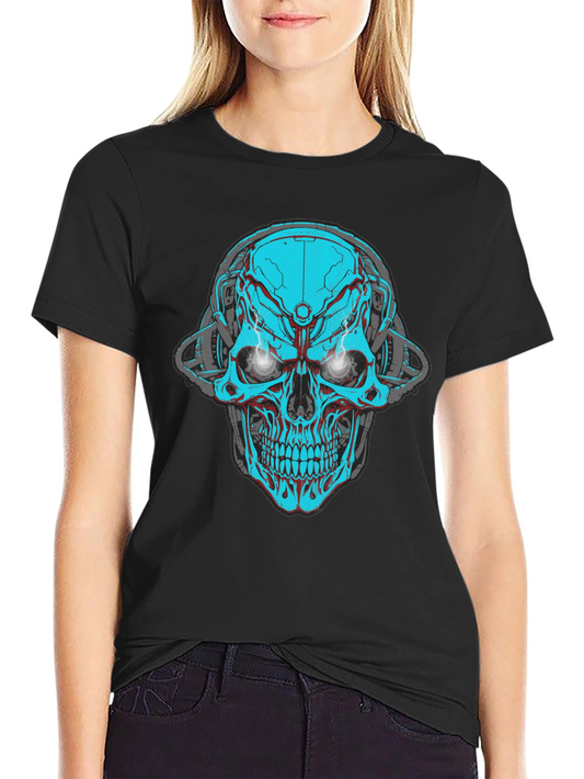 Cyberpunk Skull Graphic Tee - Black Cotton T-Shirt