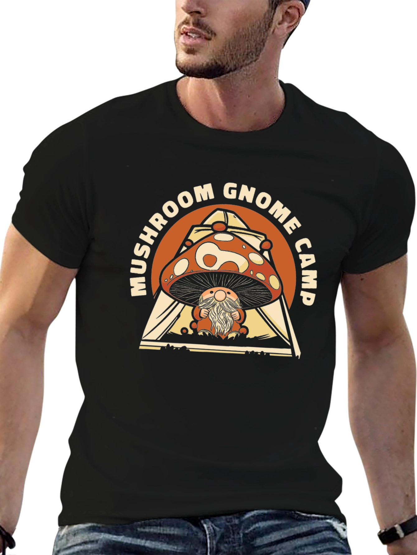 Mushroom Gnome Camp Black Graphic Tee
