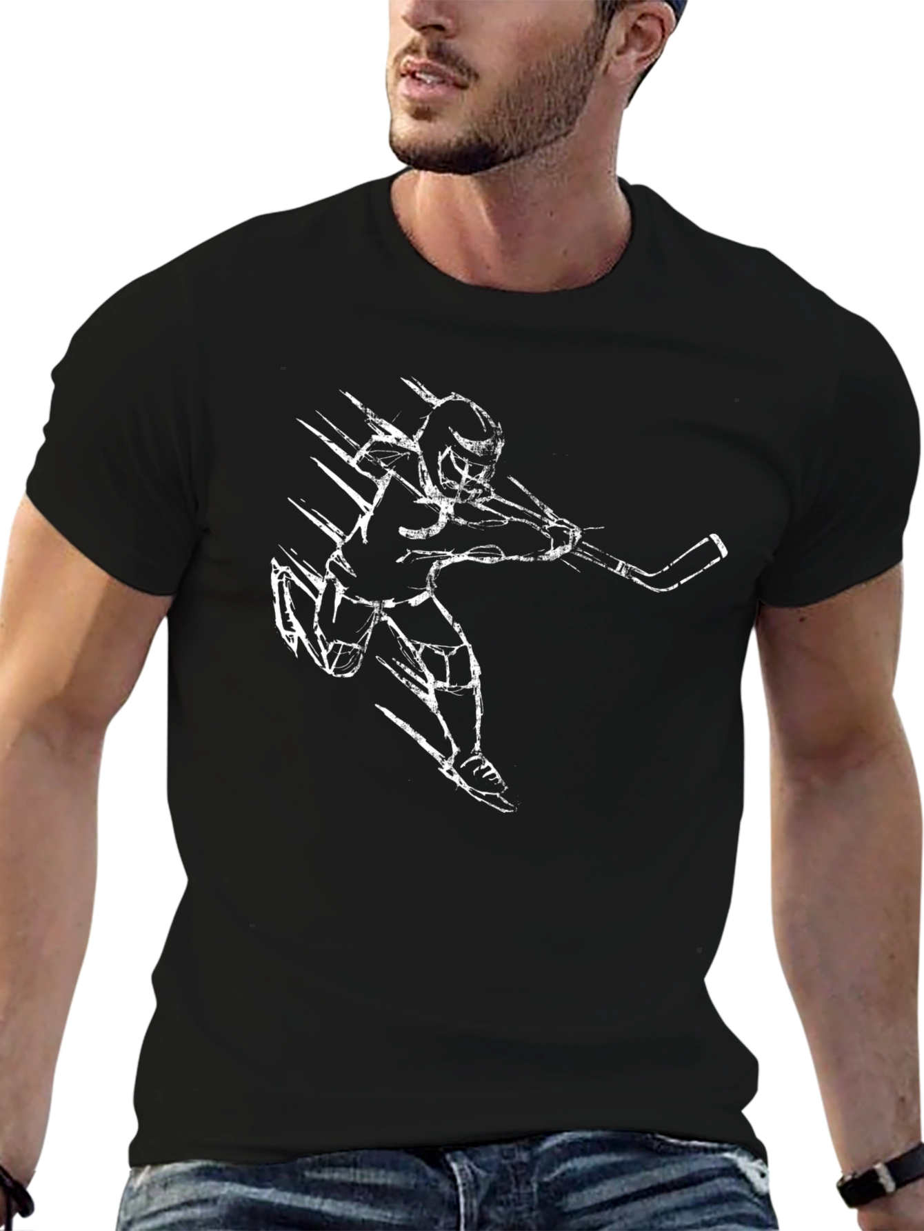 Hockey Player Graphic T-Shirt - Black Cotton Tee