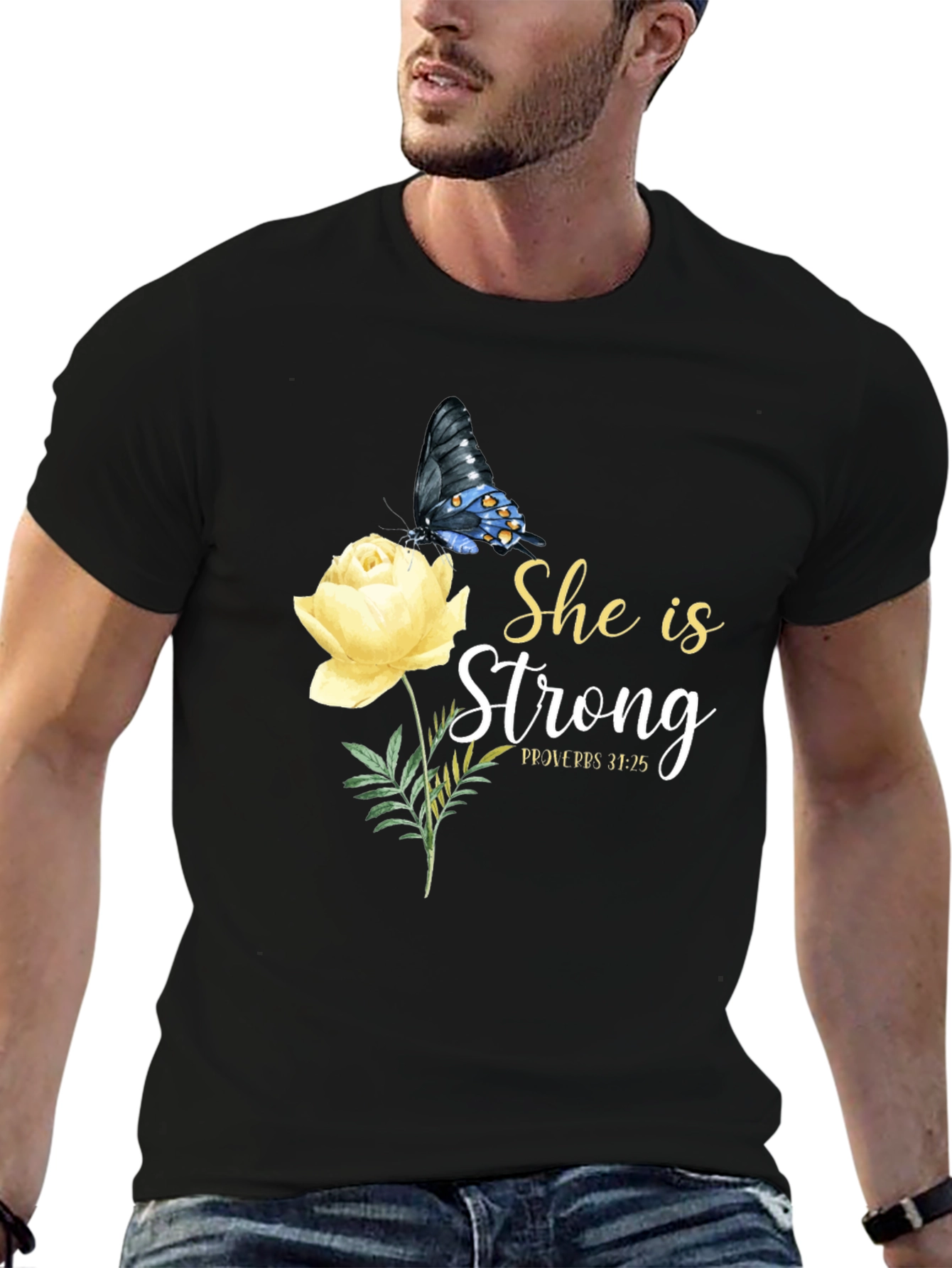 She Is Strong Butterfly Rose Graphic Tee