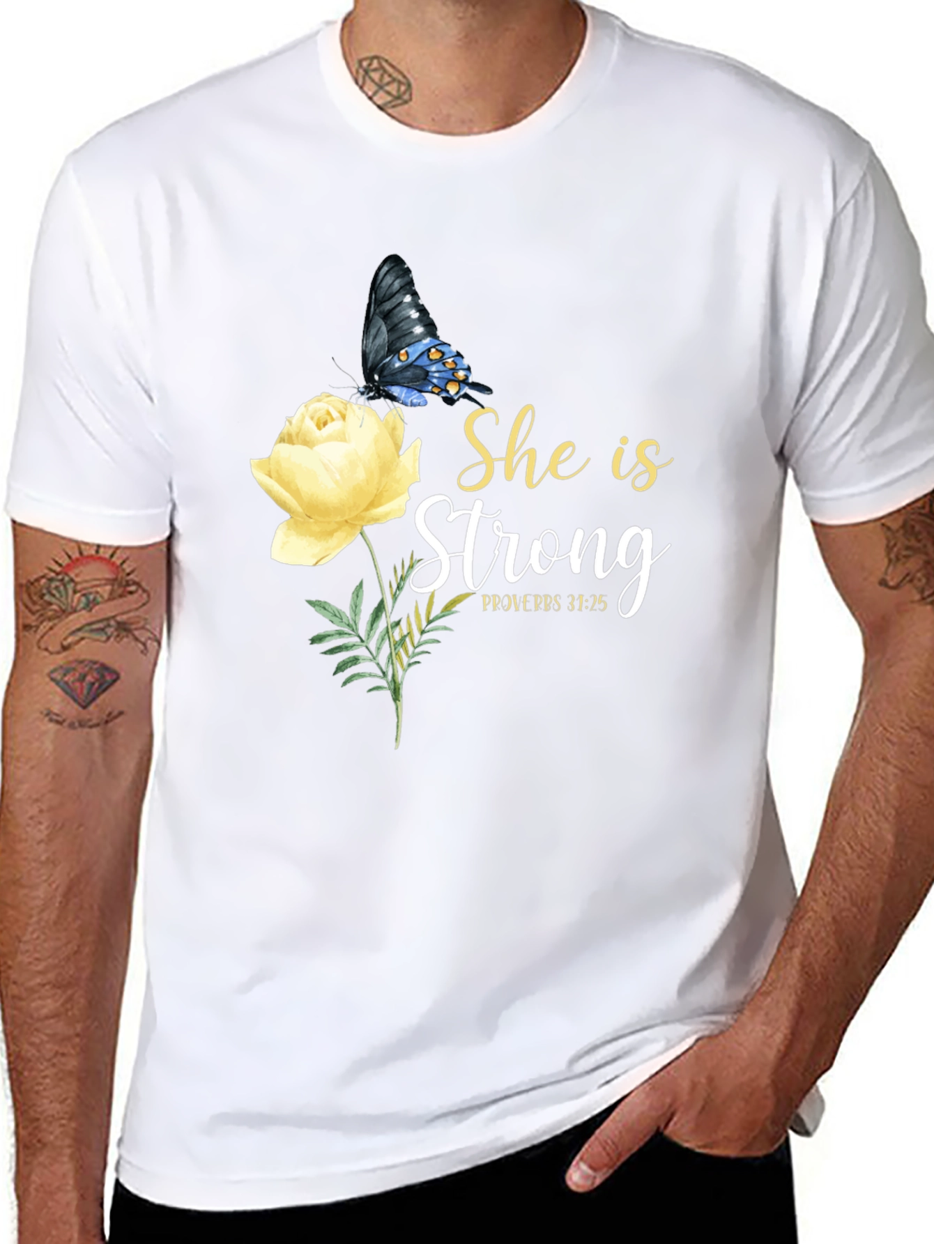 She Is Strong Butterfly Rose Graphic Tee