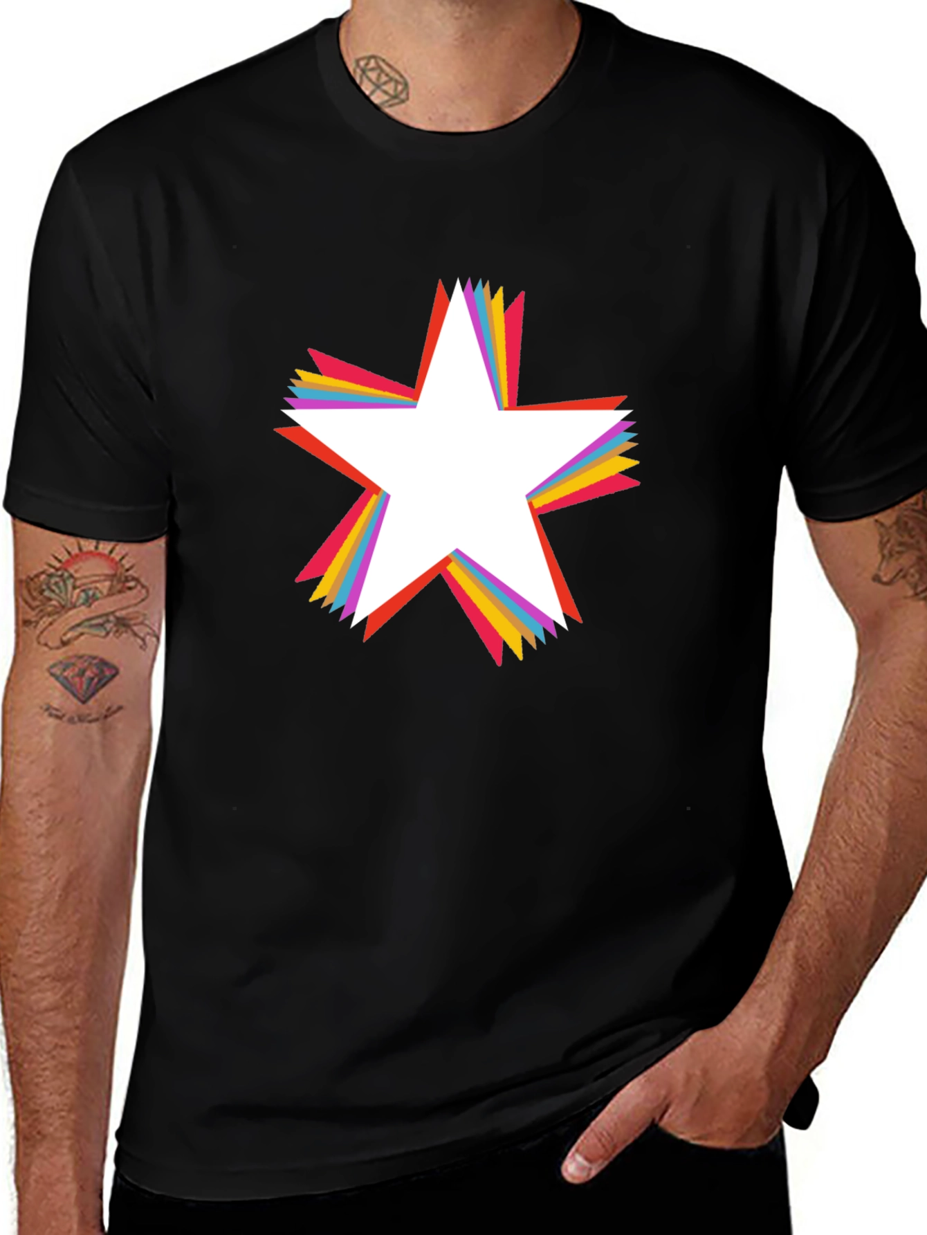 Rainbow Star Graphic Tee - Black Cotton Casual T-Shirt