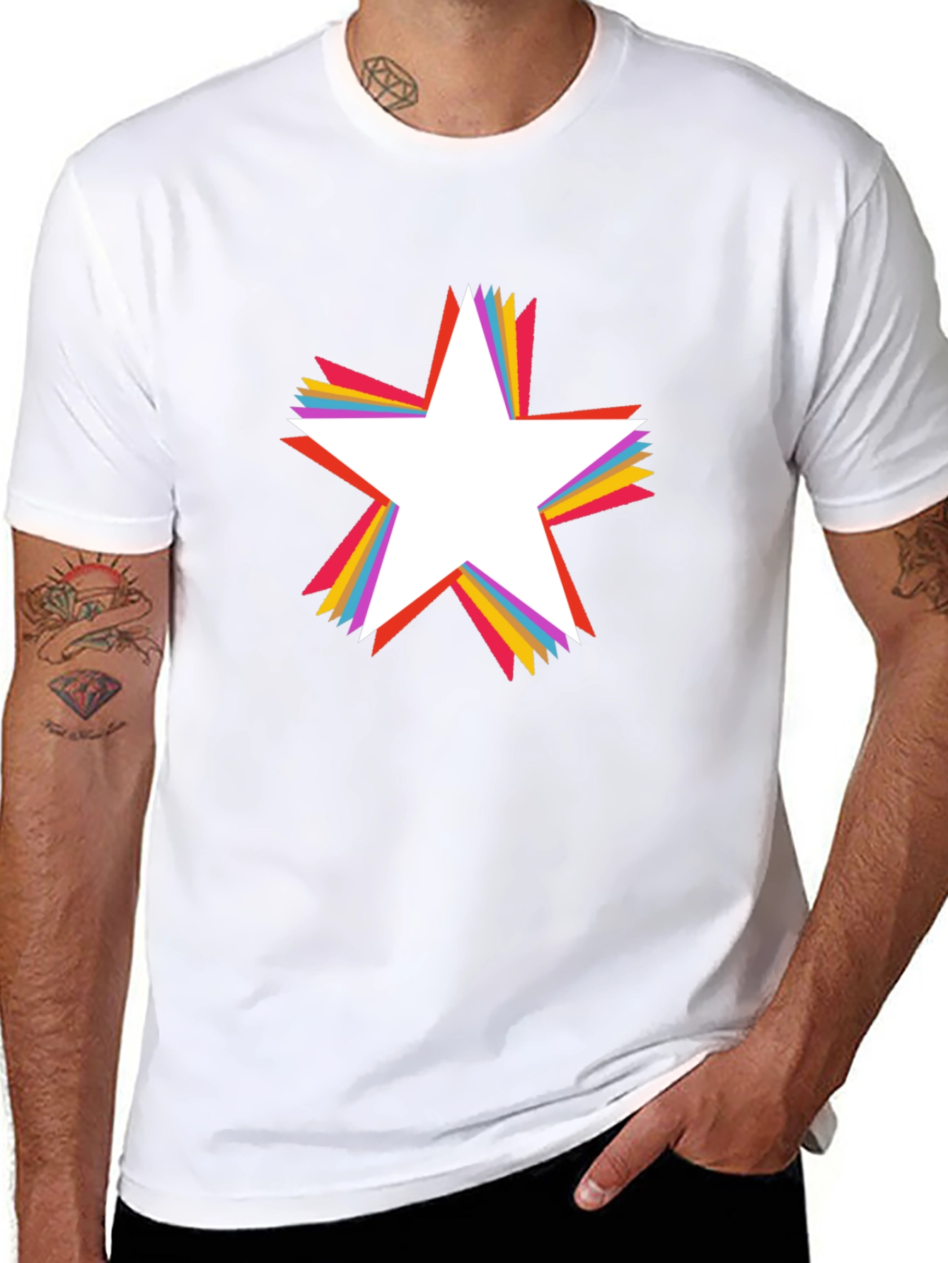 Rainbow Star Graphic Tee - Black Cotton Casual T-Shirt