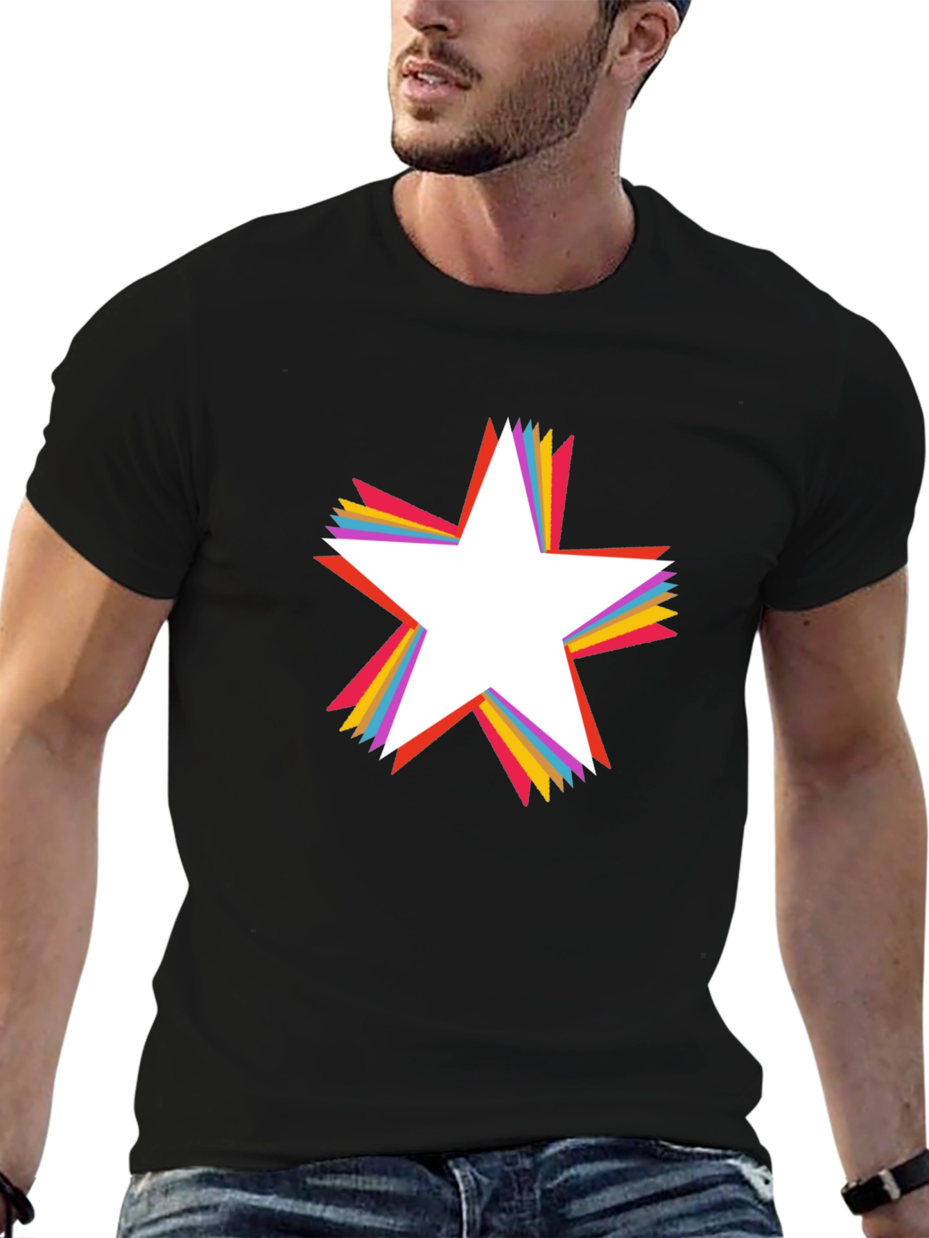 Rainbow Star Graphic Tee - Black Cotton Casual T-Shirt