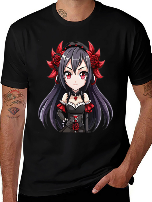 Anime Girl Graphic Tee - Gothic Red Rose Chibi T-Shirt
