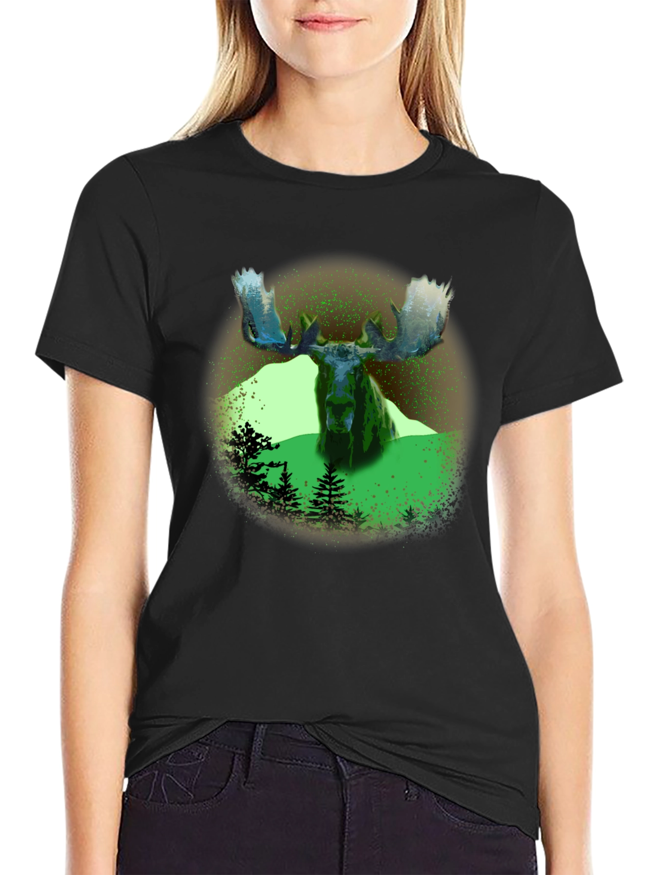 Moose Graphic Print Black T-Shirt