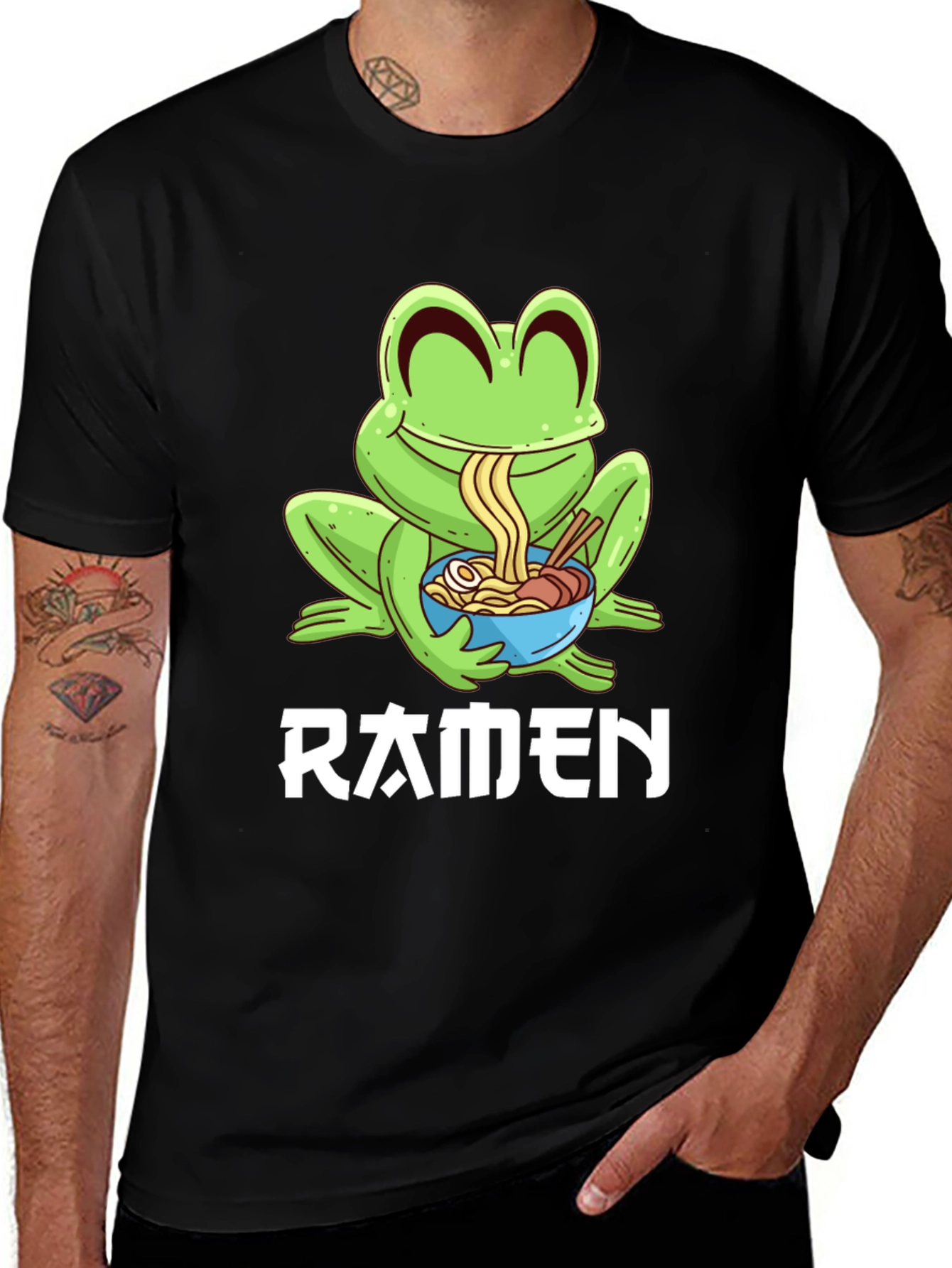 Frog Ramen T-Shirt - Black Cartoon Graphic Tee